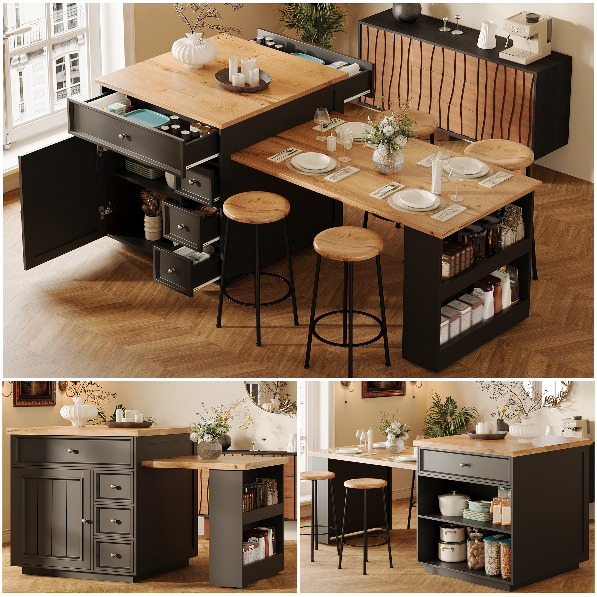 Extendable Kitchen Island 120-184 Cm With Drawers And Casters, Mobile Wood-look