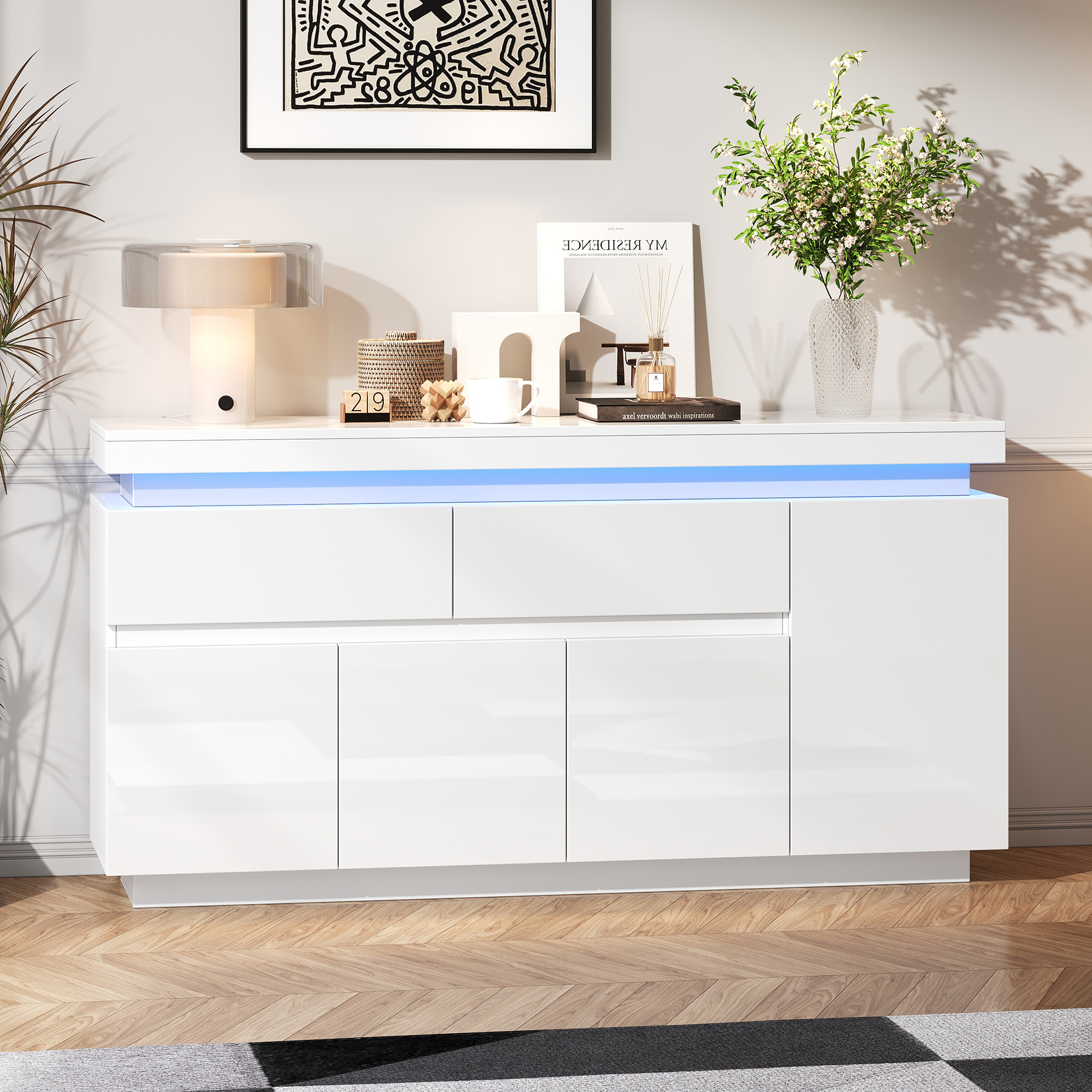 White High Gloss Sideboard With RGB LED Lights, App-Controlled Cabinet 4 Doors — image 2