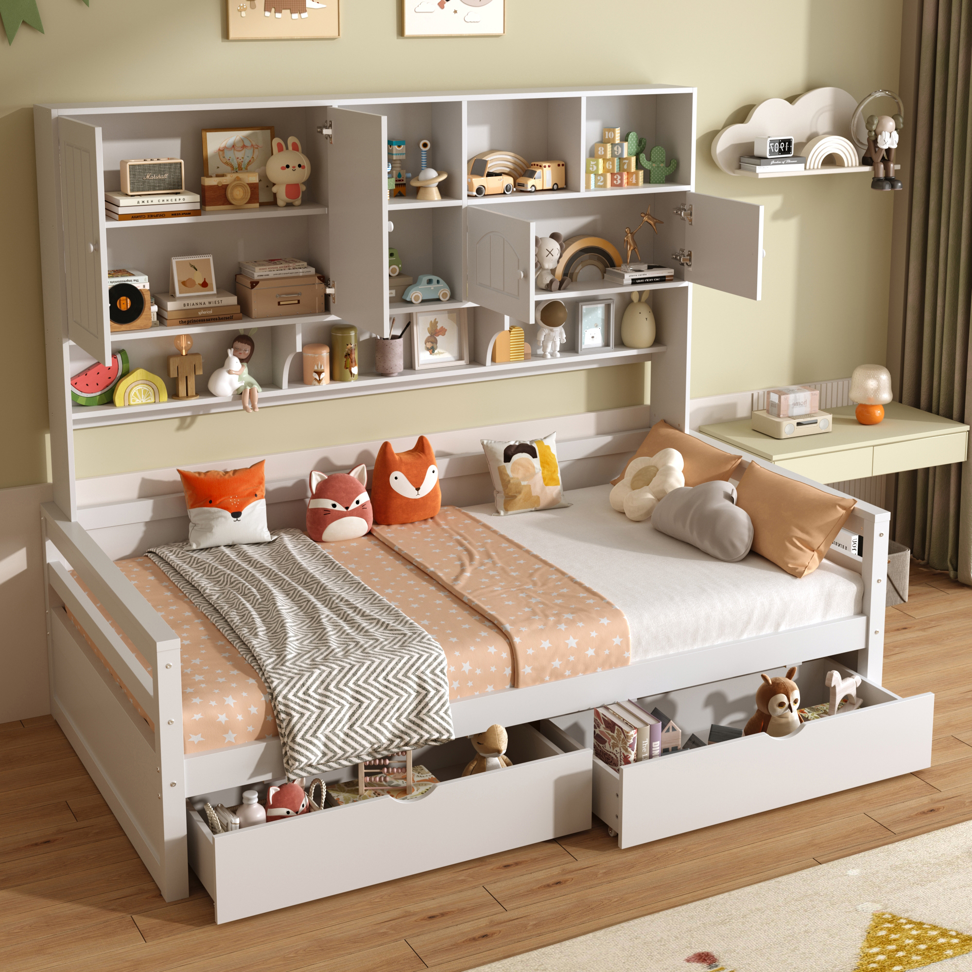 3ft Single Bed With Two Storage Drawers And Bookcase Headboard, Wooden Frame — image 2