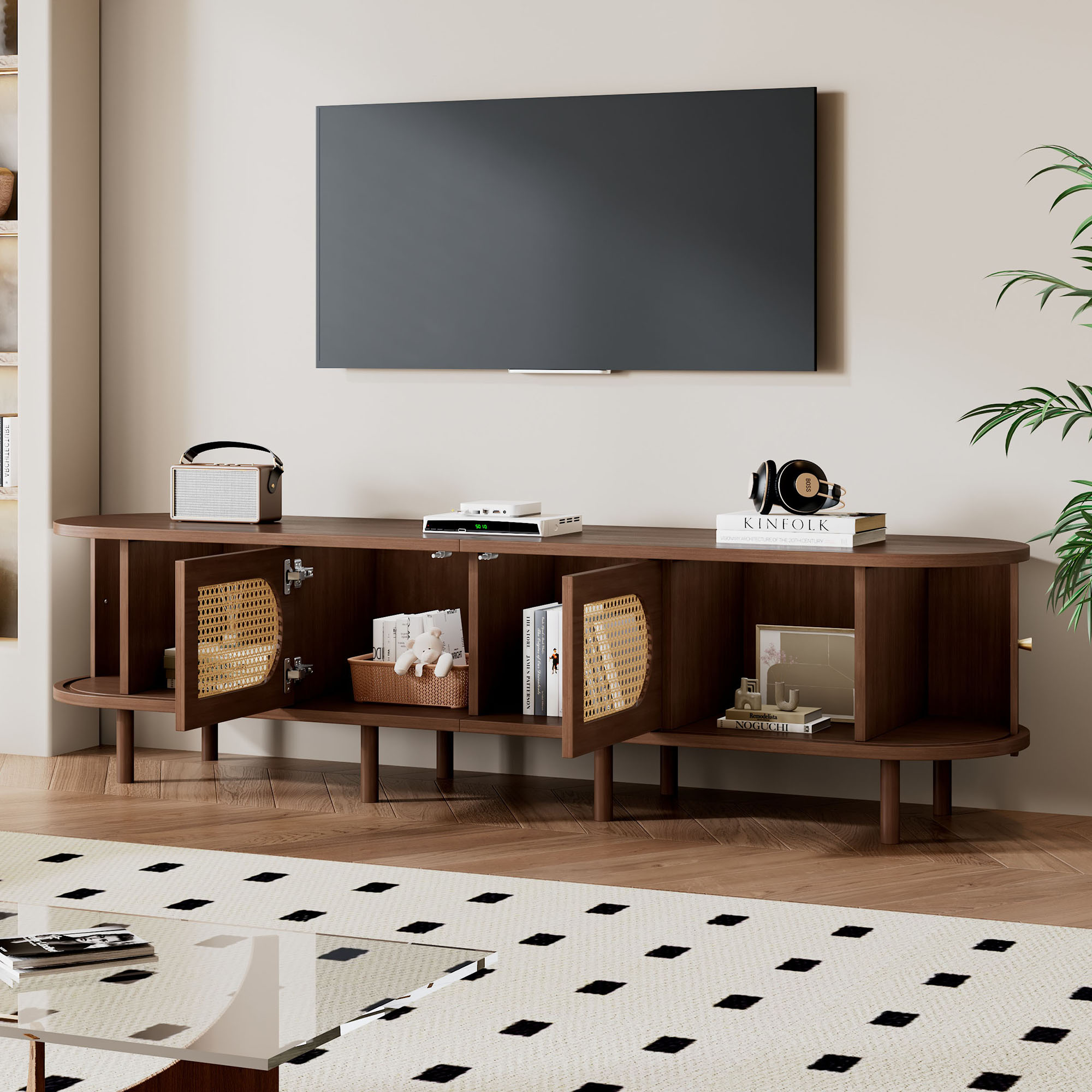 180x40x40cm Oval TV Stand In Dark Walnut, Rattan Design, Two Cabinet Doors