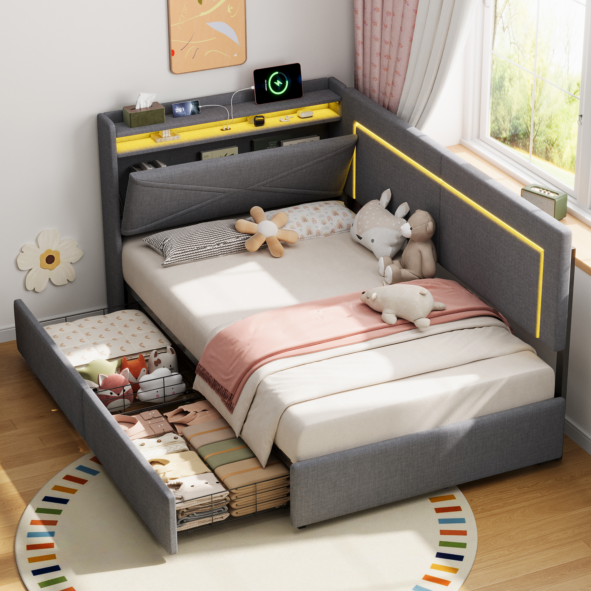 3ft Single Daybed With Two Storage Drawers, LED Concealed Headboard Charging — image 2