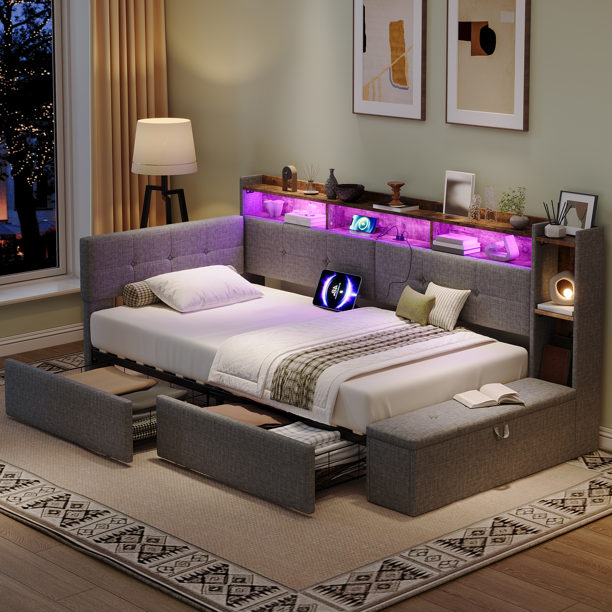 3ft Single LED Daybed With Storage Drawers And Bed End Ottoman Modern Linen — image 3