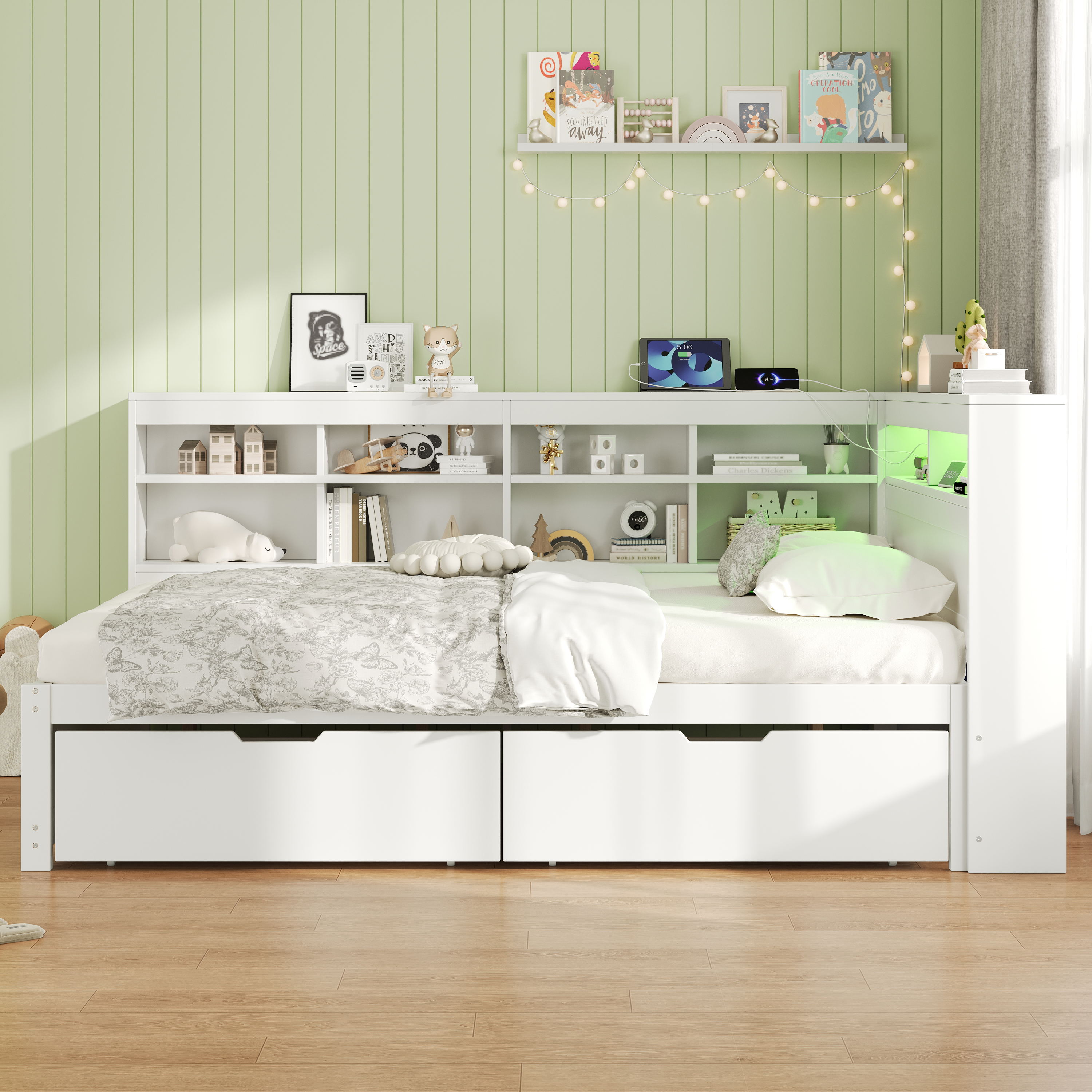 4ft6 Double Daybed With Two Storage Drawers And Beside LED Modern Bed Frame — image 3