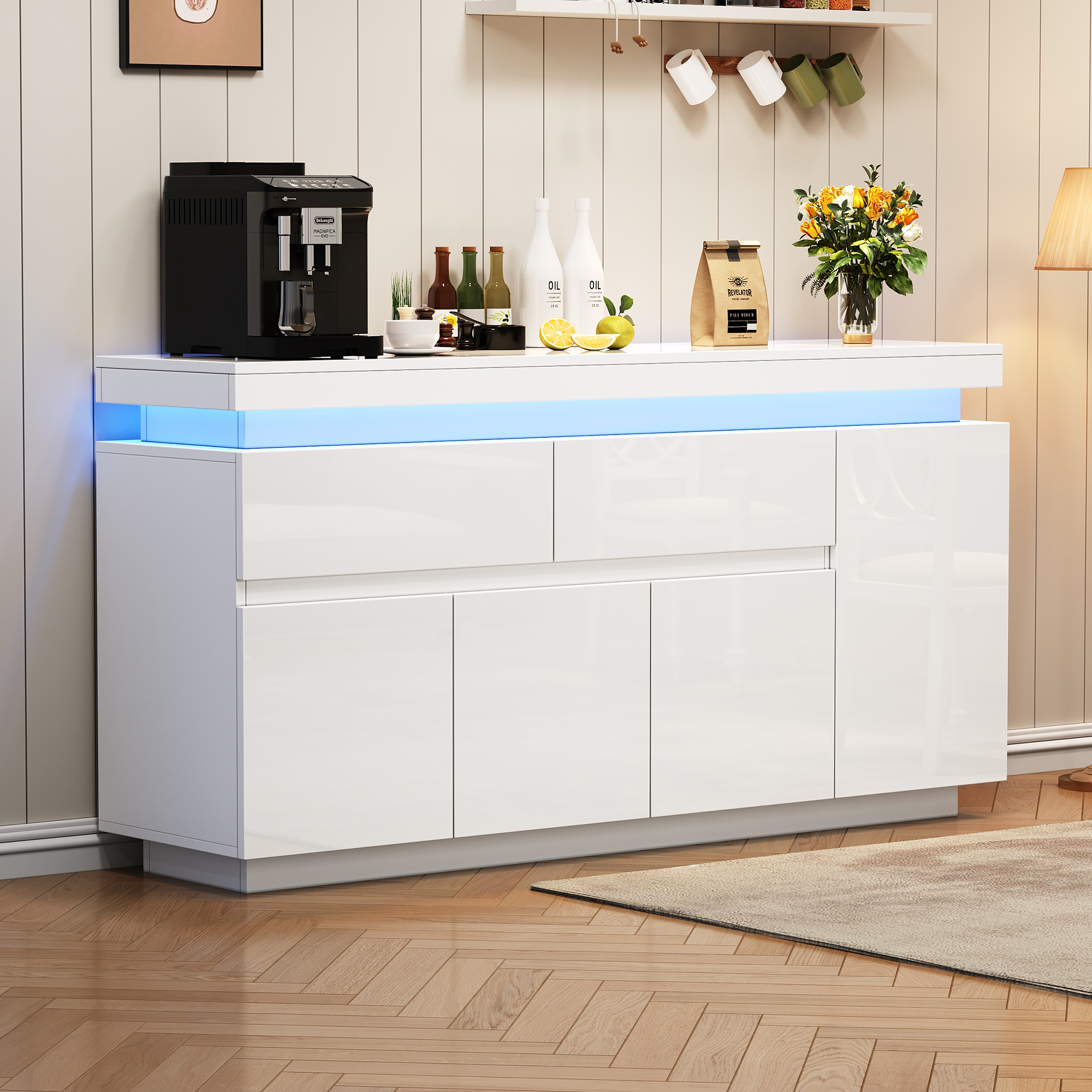 White High Gloss Sideboard With RGB LED Lights, App-Controlled Cabinet 4 Doors