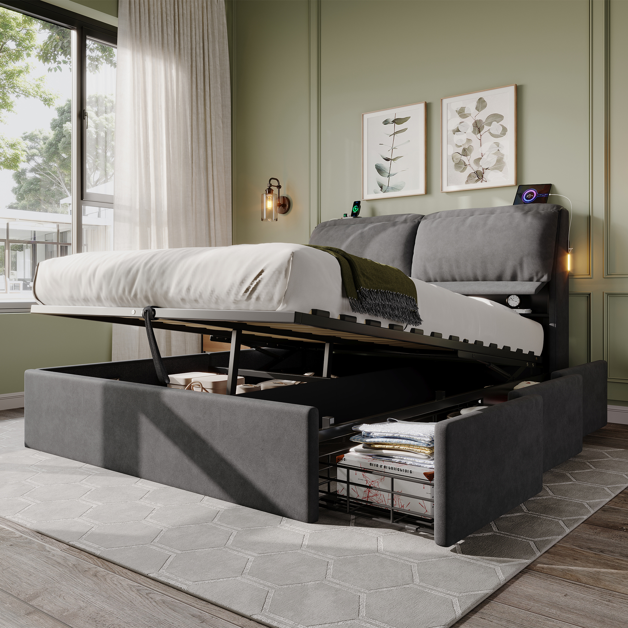 5ft King Bed With Hydraulic Storage, Velvet Upholstered Headboard Flip-top — image 5