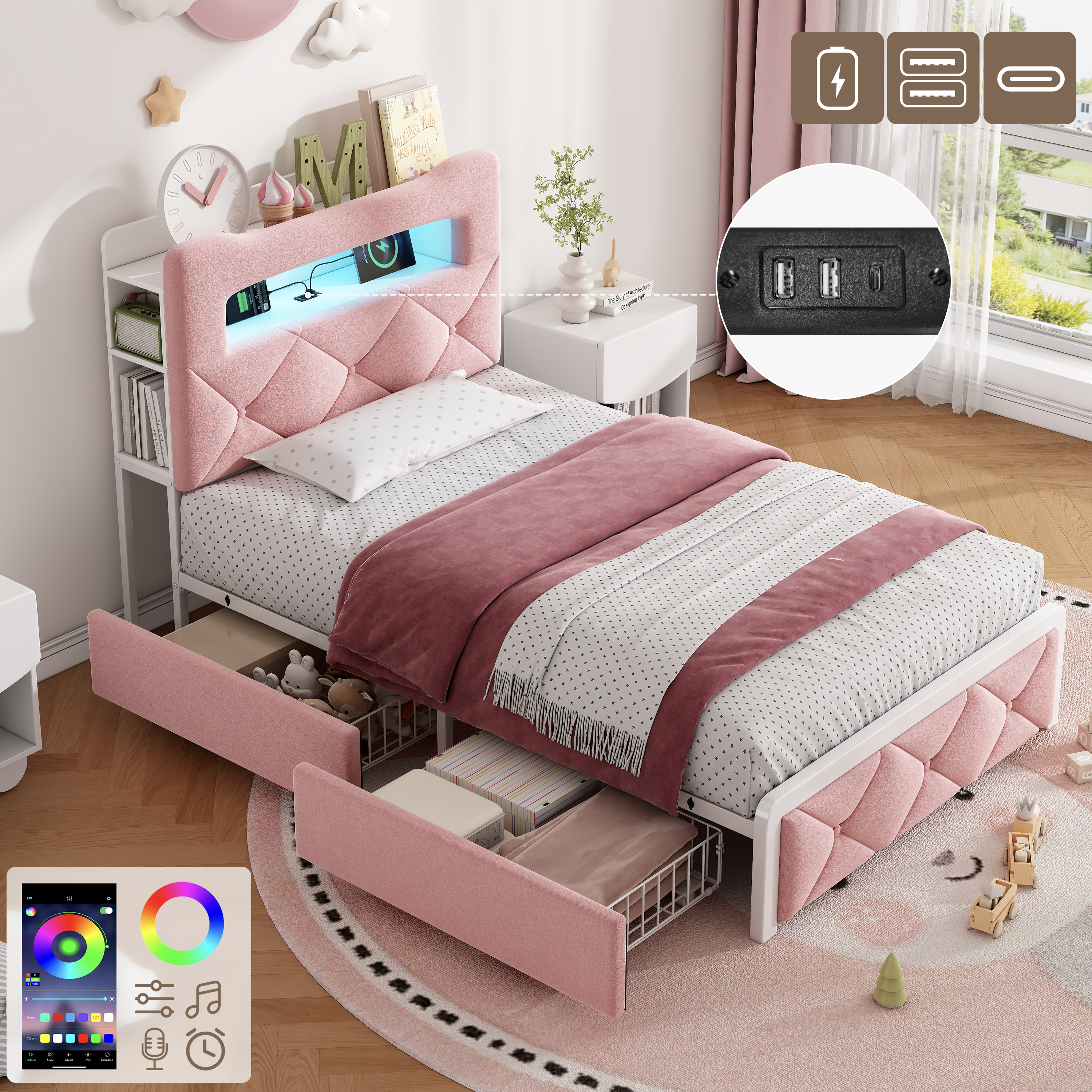 3ft Single Upholstered Bed With LED Button Tufted Bedside Storage Headboard, Velvet Bed Frame With 2 Storage Drawers, USB And Type - C Ports, No Box Spring Needed, Easy Assembly, Pink  No Mattress