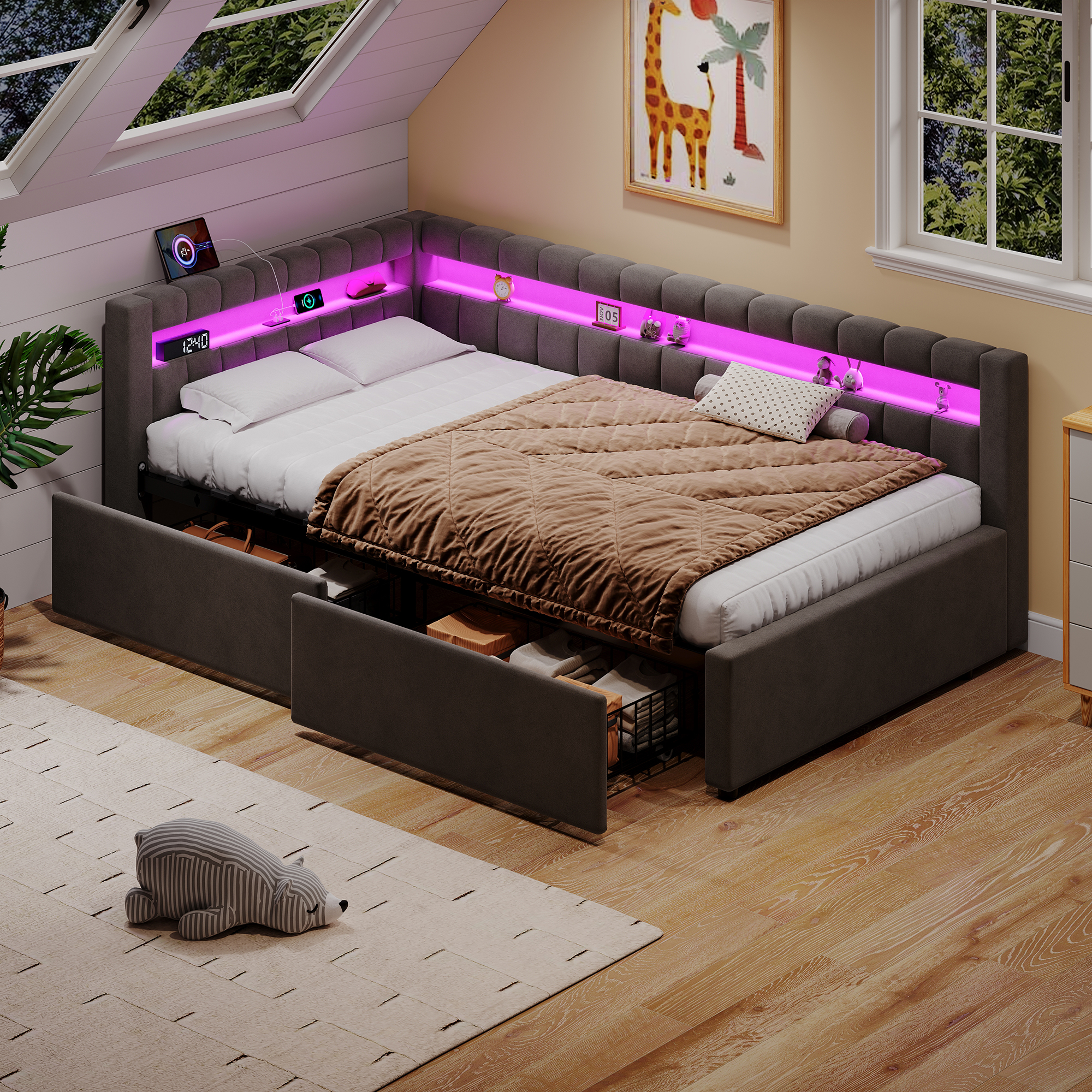 3ft Single Daybed With Two Storage Drawers, LED Modern Channel Tufted Bed Frame — image 3