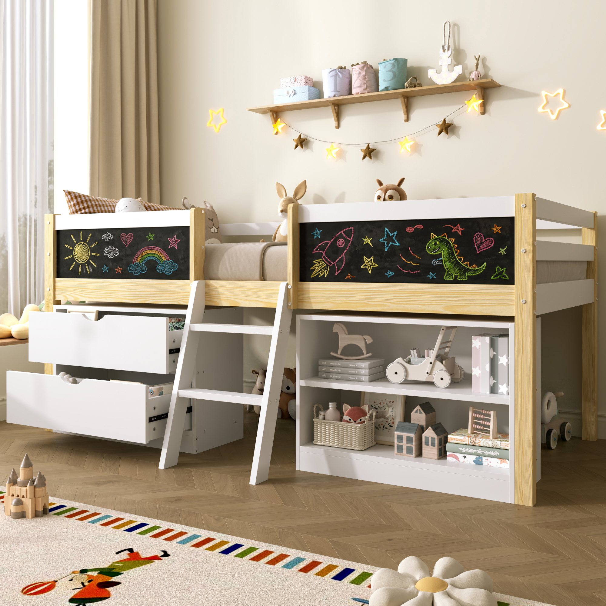 3ft Single Low Loft Bed With Blackboard, Modern Wood Frame Drawers And Storage — image 5