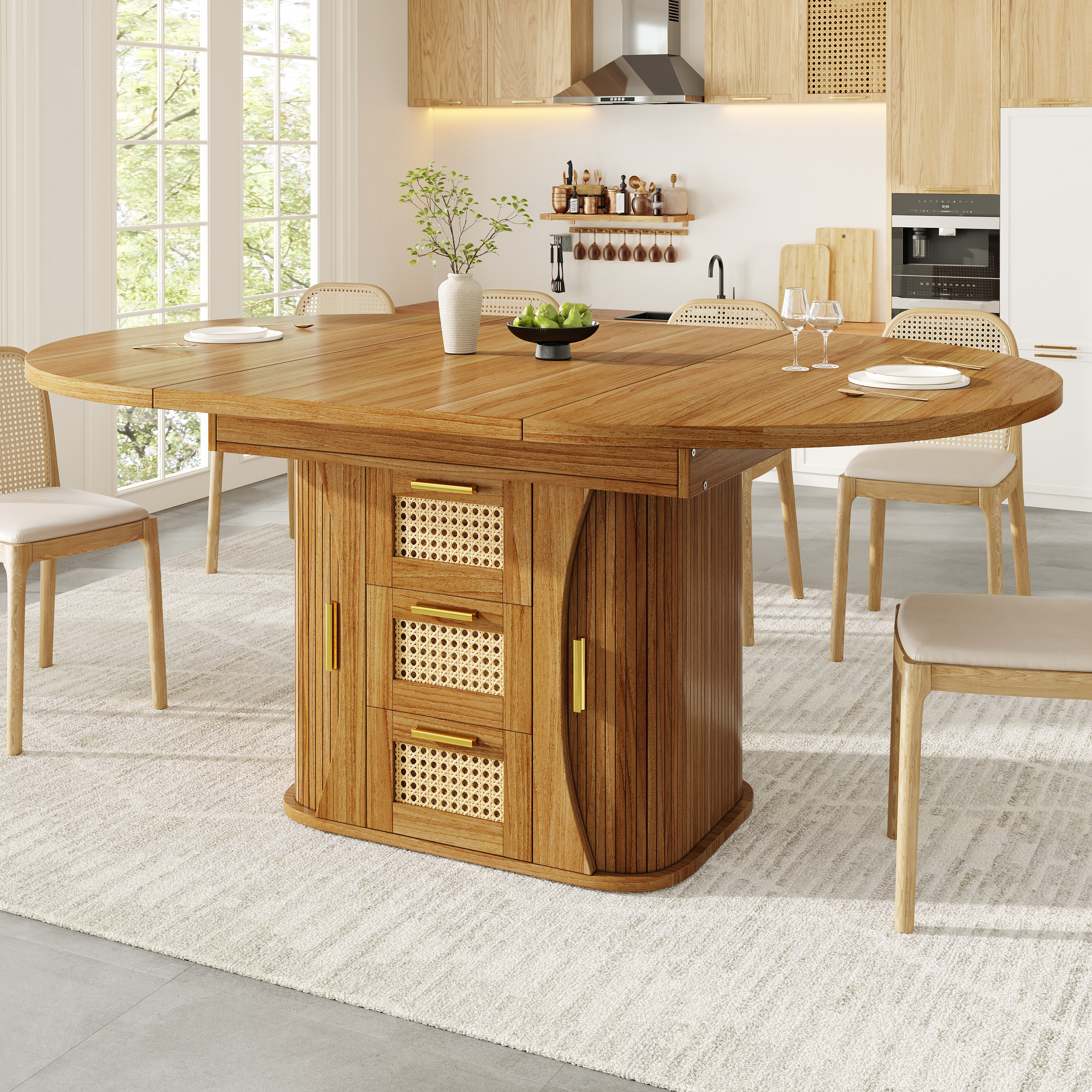 Extendable Dining Table With Storage, 118-158cm Rattan Drawers, MDF Wood Look — image 3