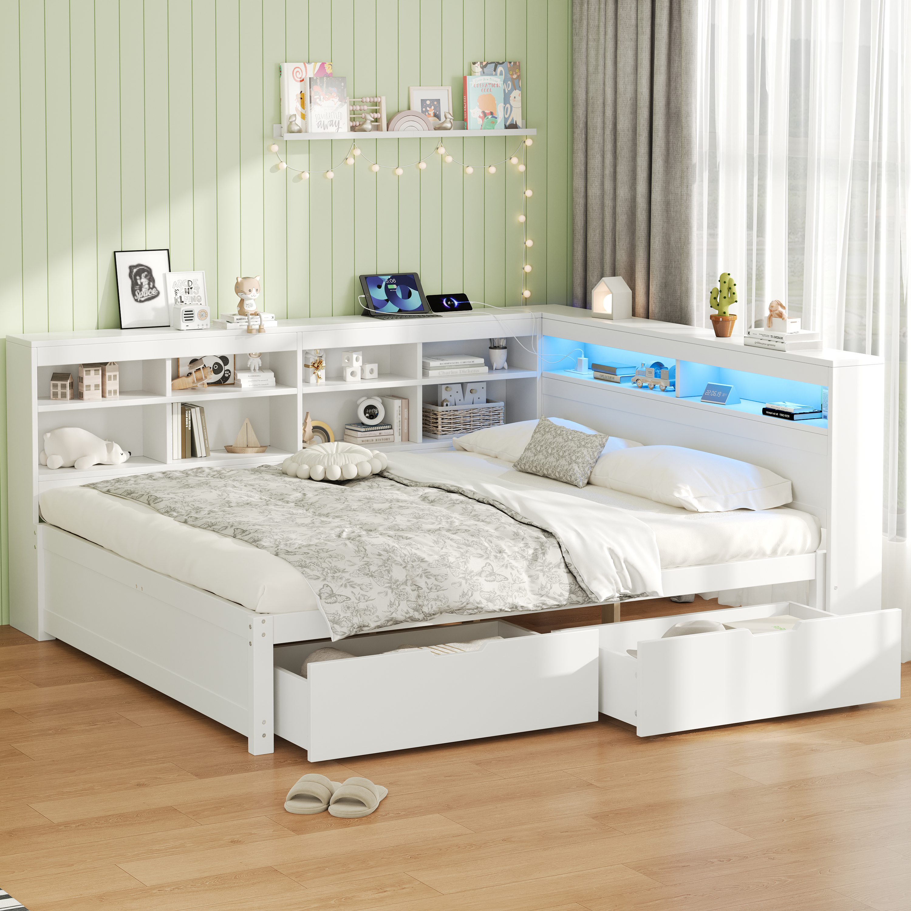 4ft6 Double Daybed With Two Storage Drawers And Beside LED Modern Bed Frame — image 4