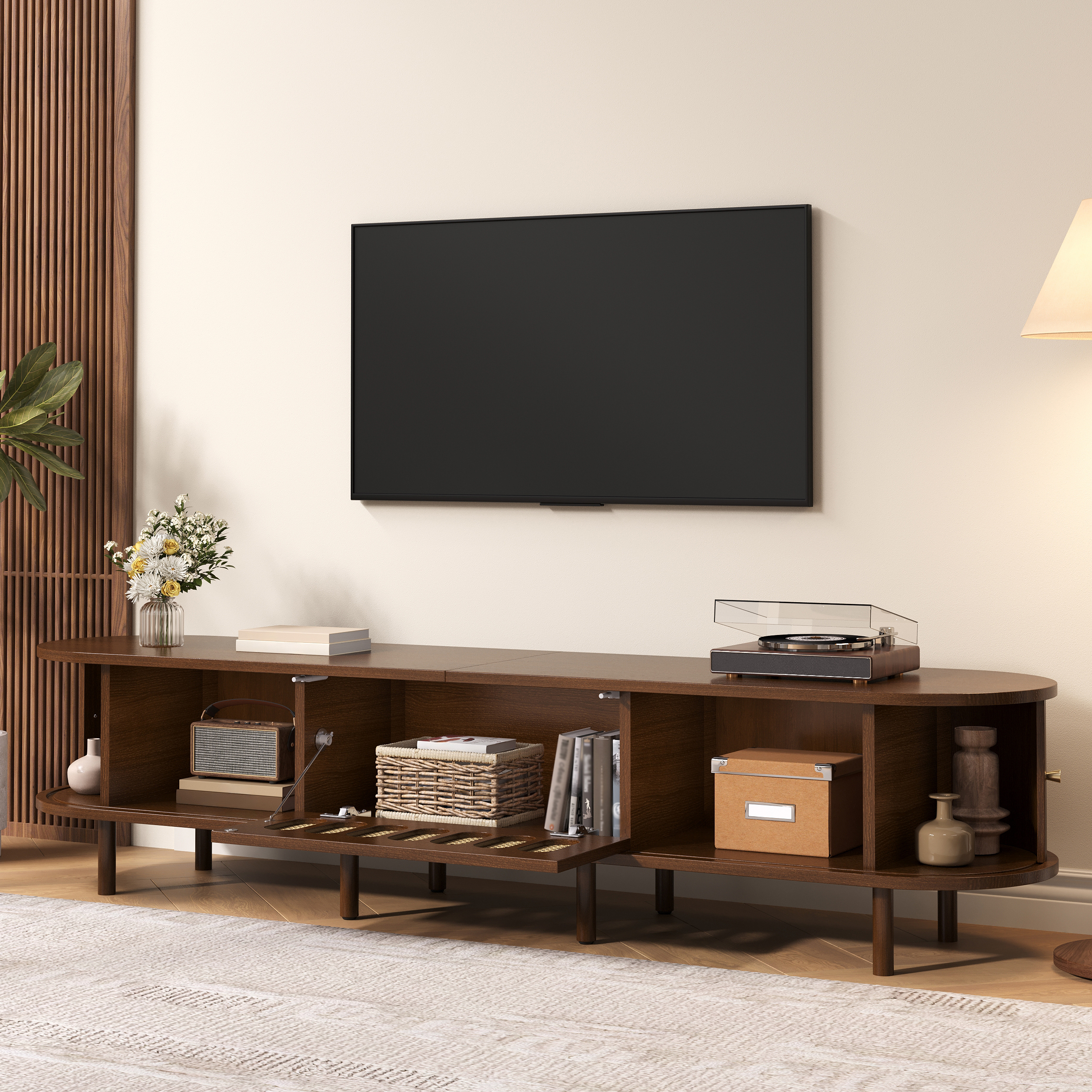 180x40x40cm Oval TV Stand In Dark Walnut, Rattan Design - MDF 30 Kg Load — image 4