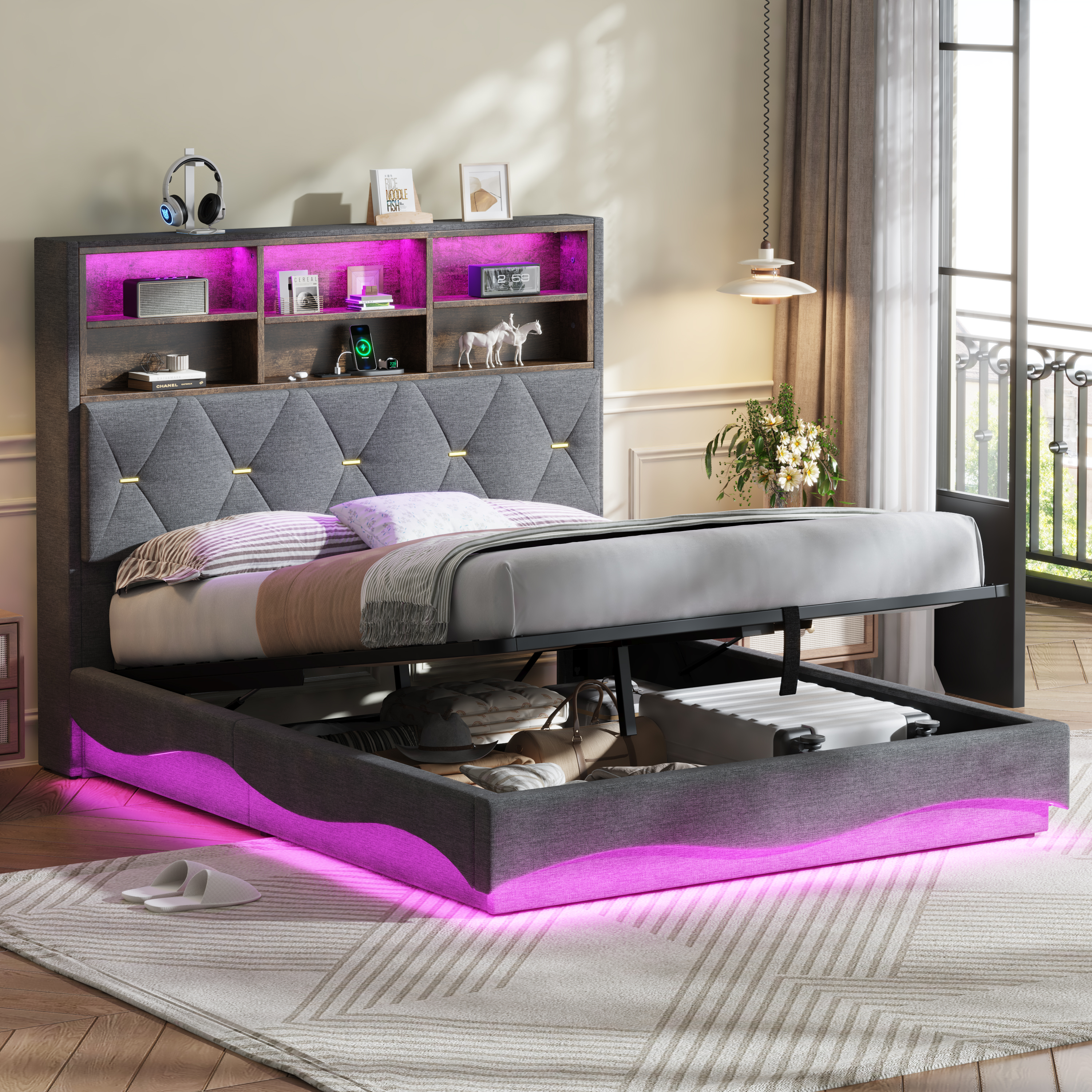 4ft6 Double Upholstered Bed Frame With Hydraulic Storage, Wavy LED Heightened