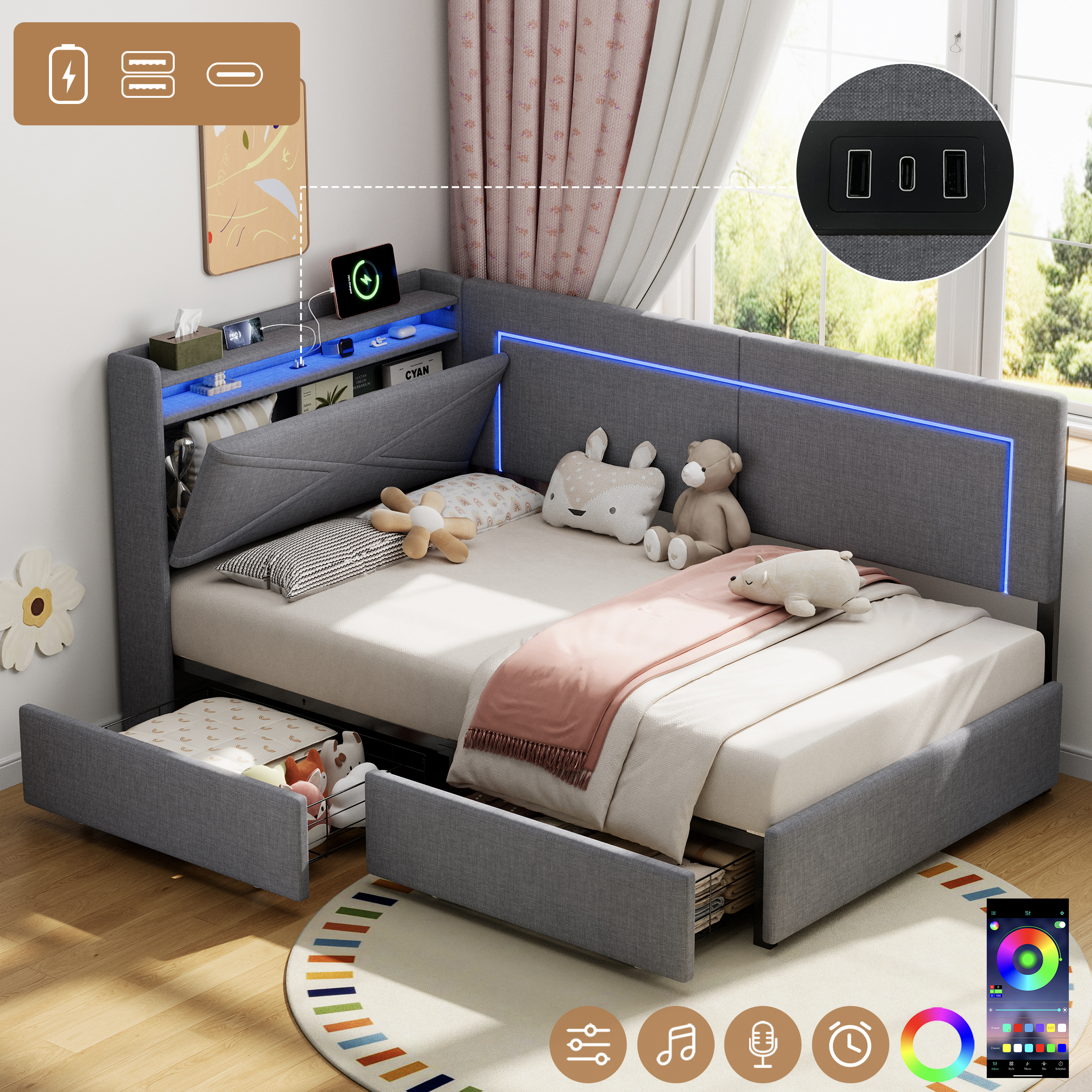 3ft Single Daybed With Two Storage Drawers, LED Concealed Headboard Storage With Charging Station, Modern Linen Sofa Bed For Living Room Bedroom Study