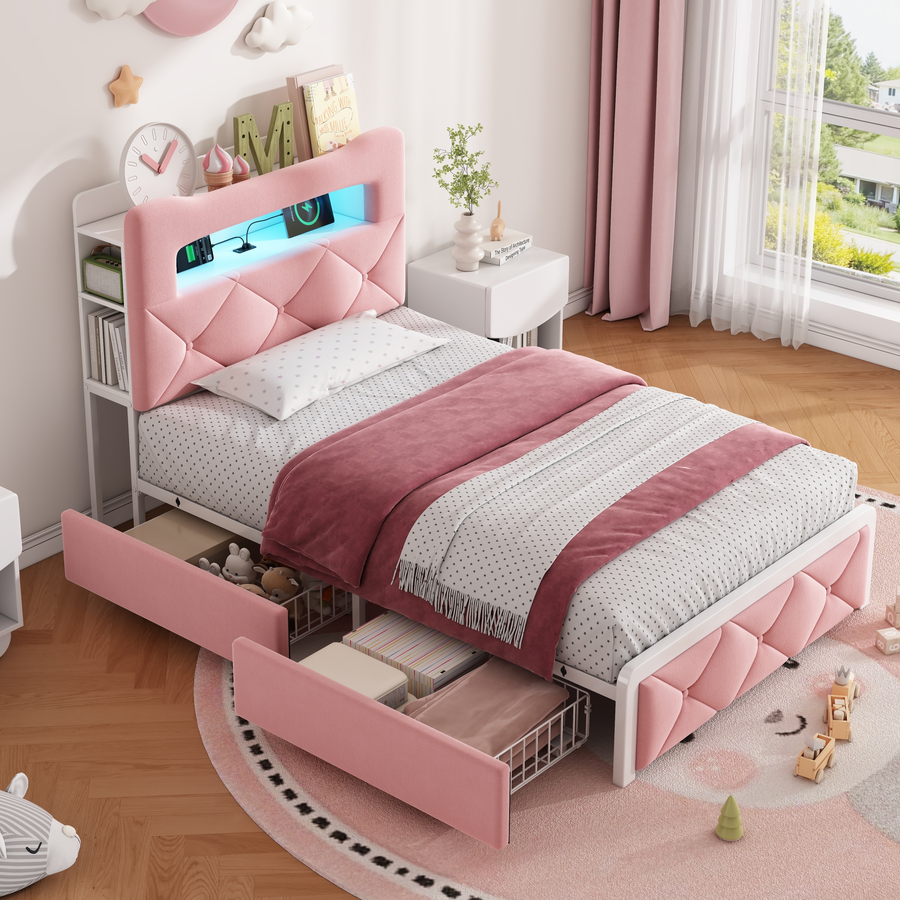 3ft Single Upholstered Bed With LED Button Tufted Bedside Storage Headboard — image 2
