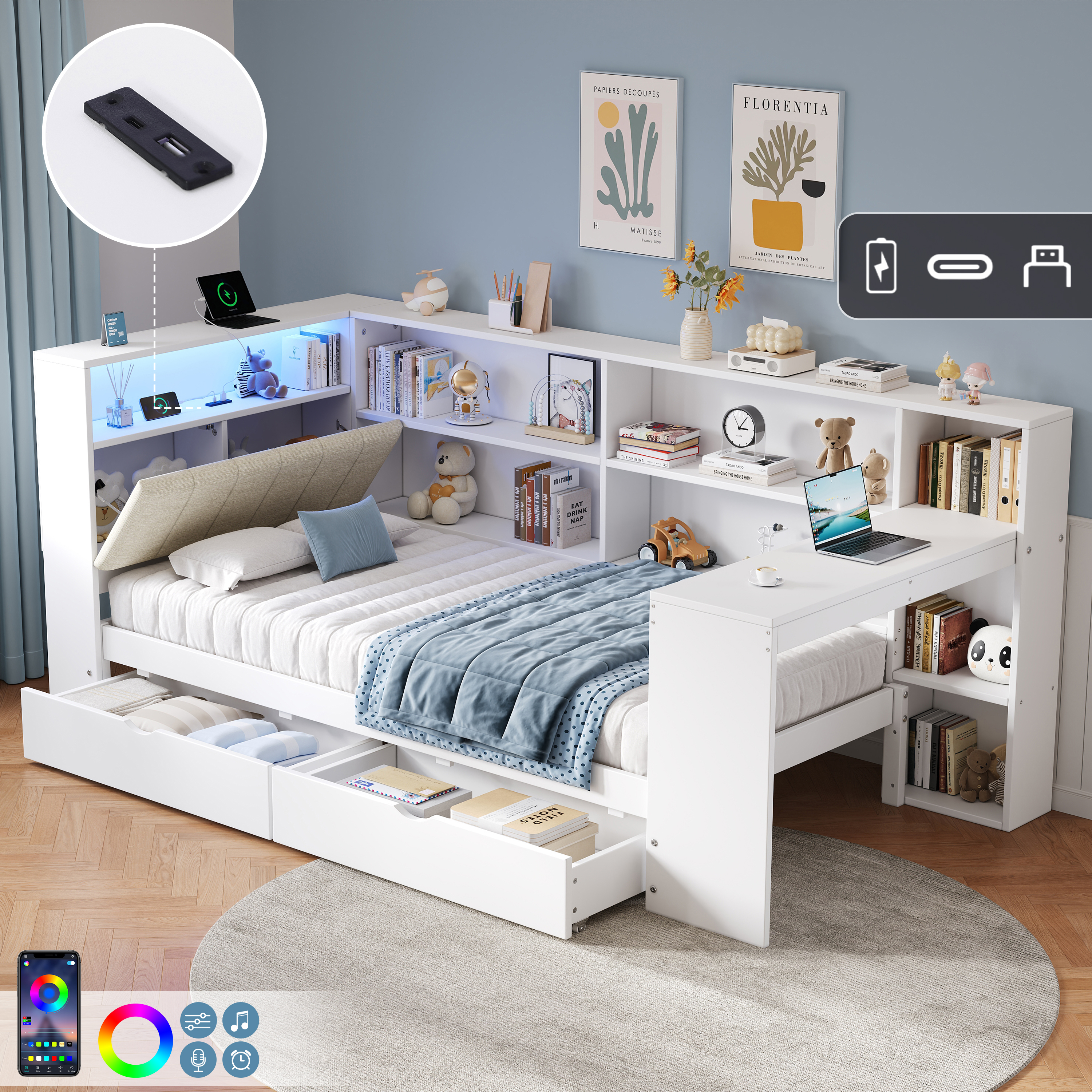 3ft Single L-Shape Daybed With Storage Drawers And Bookcase Storage, LED Linen Concealed Headboard Storage With Charging Station, Wood Bed For Living 