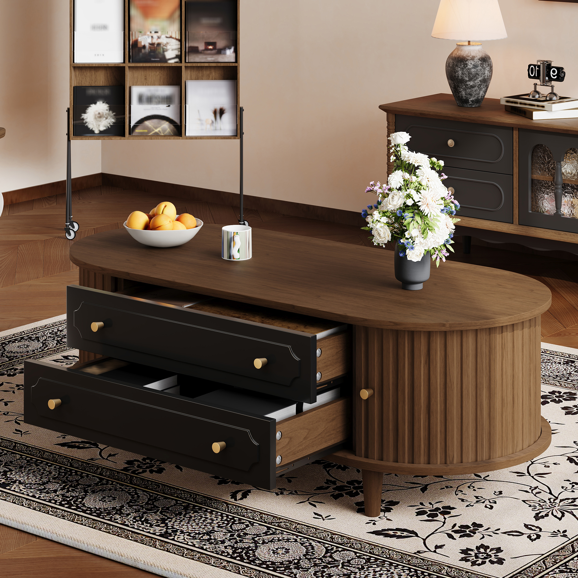100 X 50 X 36 Cm, Living Room Coffee Table, Walnut Wood Finish. Coffee Table With Two Drawers, Sofa Table With Roll-up Door, Side Table, Living Room T
