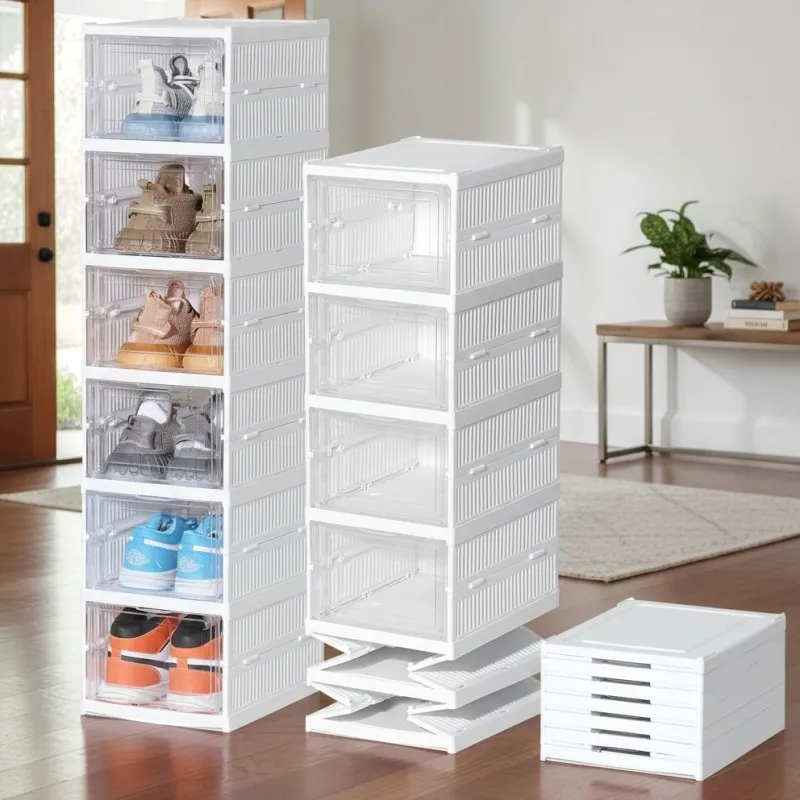 6 Layers Shoes Storage Box Transparent Sneaker Shoes Box Foldable Dustproof Cabinet Shoe Organizers Space Saving Rack Shelf