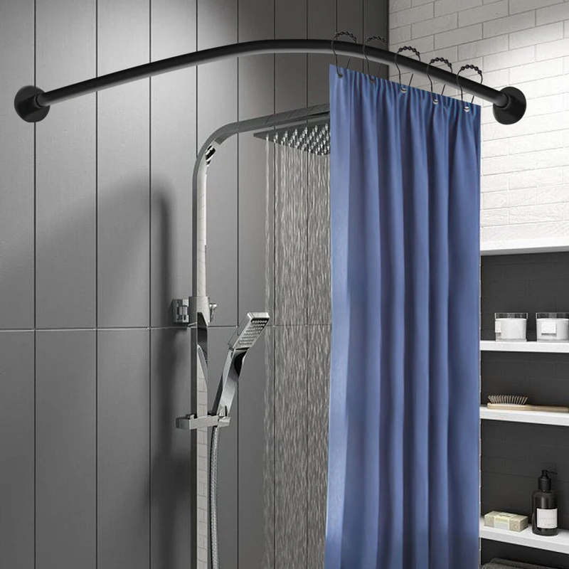 Shower Curtain Rail L Shape, Corner Telescopic Rod with Curtain Rings, for Wardrobe Bathroom, No Drilling, Stainless Steel