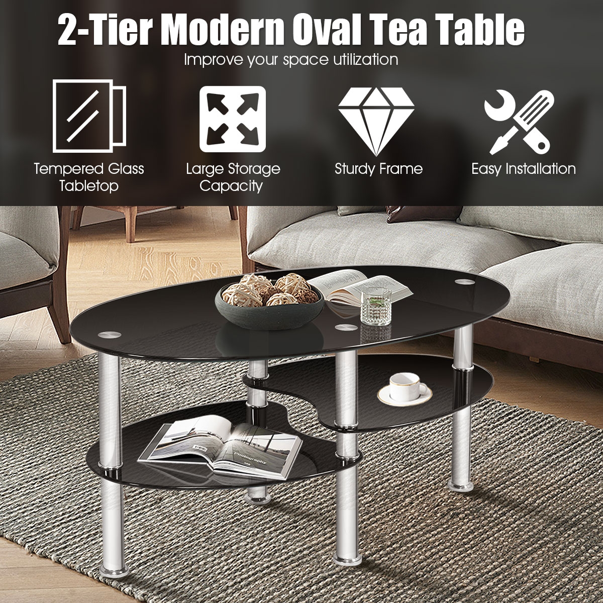 Table basse d'appoint ovale en verre trempé, noir – Image 2