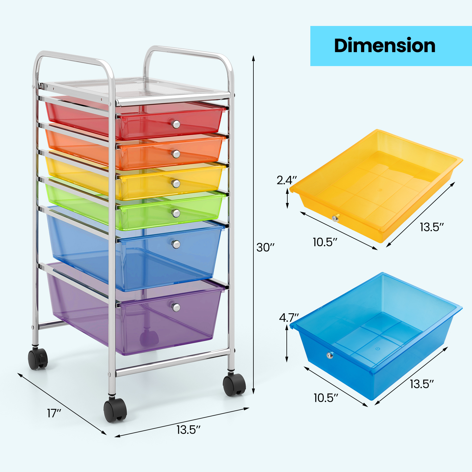 6 Drawers Rolling Storage Cart Organizer-Transparent Multicolor 3