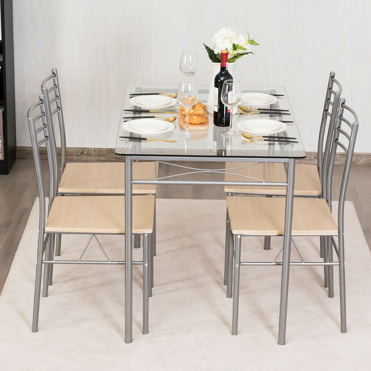5 Pieces Dining Set Glass Table And 4 Chairs