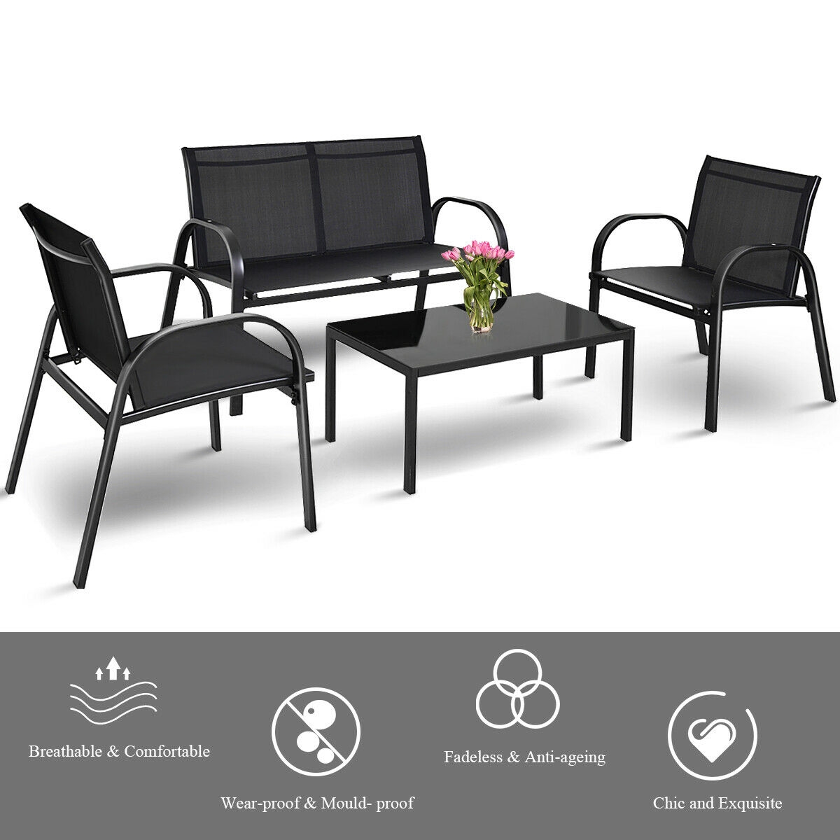 4 Pieces Patio Furniture Set With Glass Top Coffee Table-Black — foto 3