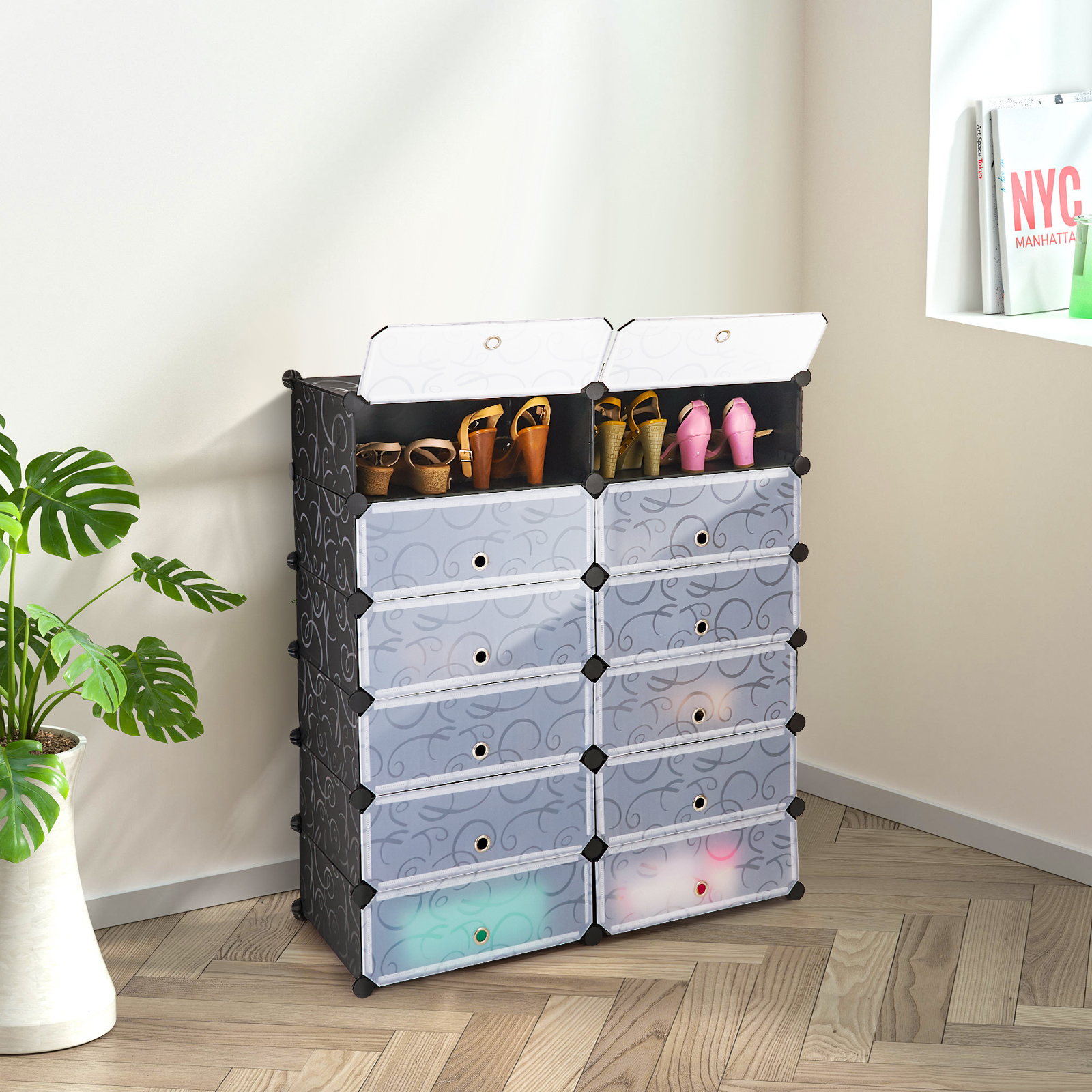 12-Cube DIY Portable Plastic Shoe Rack With Transparent Doors-Black thumbnail 4