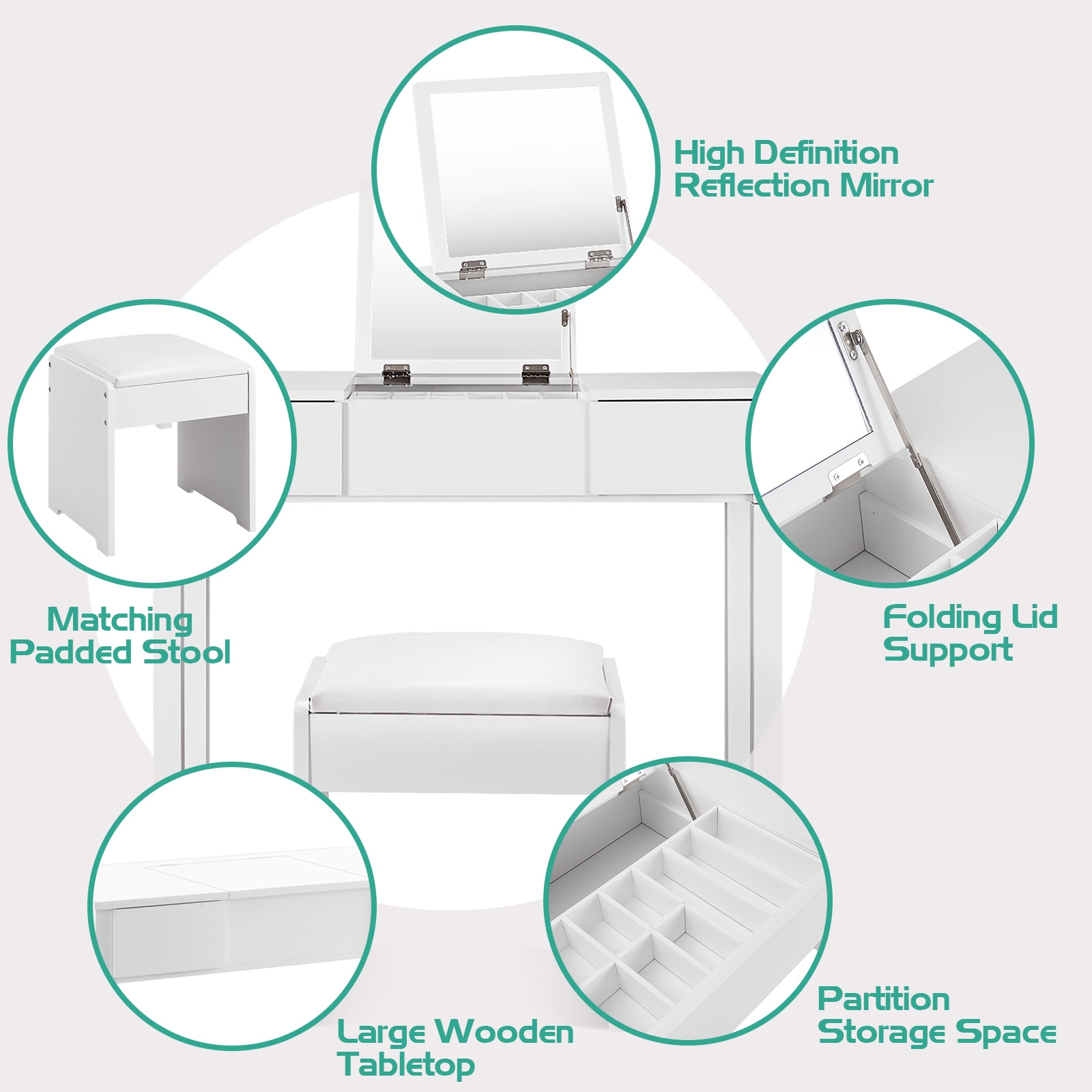 Vanity Makeup Dressing Table Set With Flip Top Mirror And Cushioned Stool-White 3