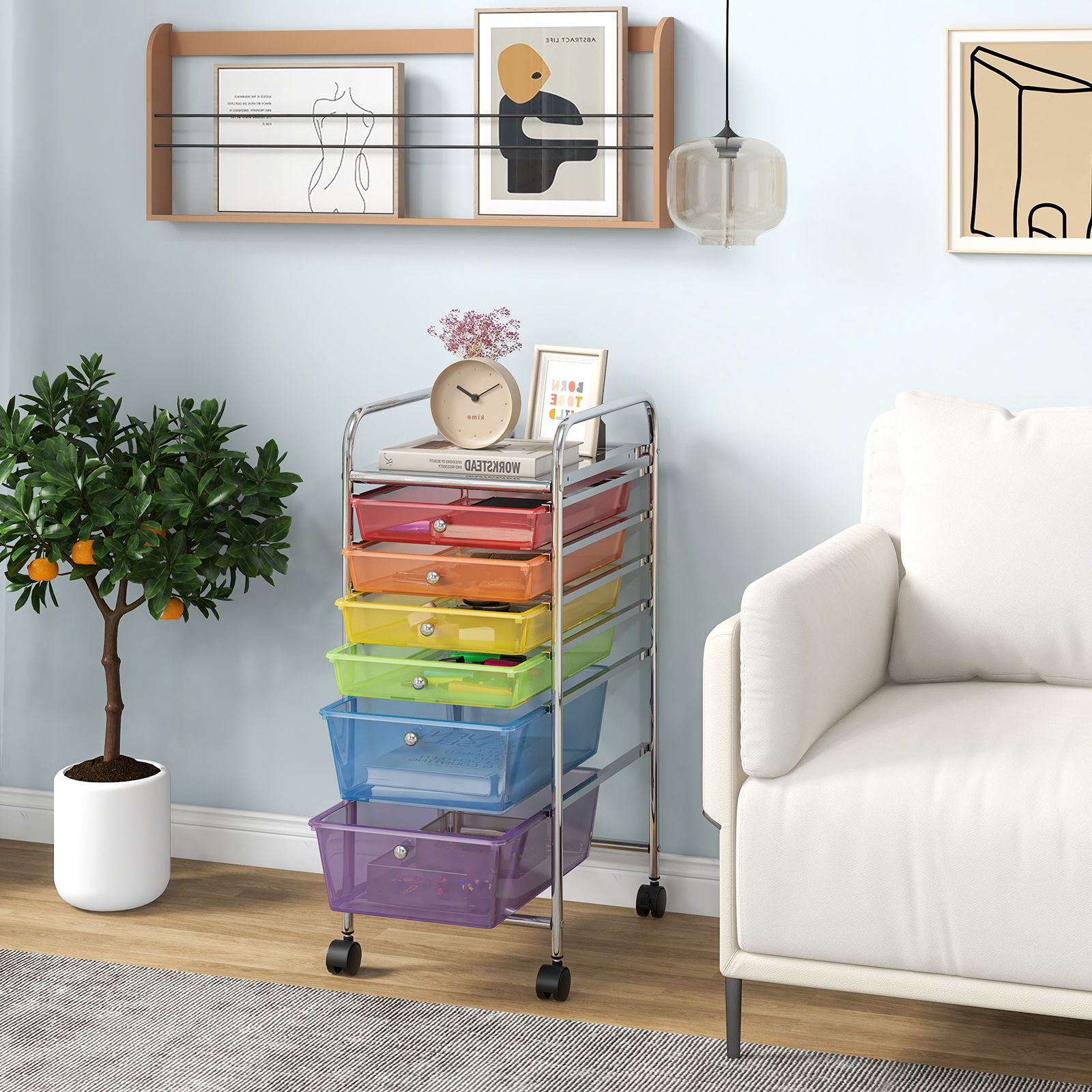 6 Drawers Rolling Storage Cart Organizer-Transparent Multicolor 5