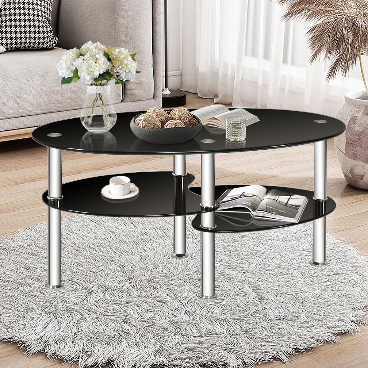 Table basse d'appoint ovale en verre trempé, noir