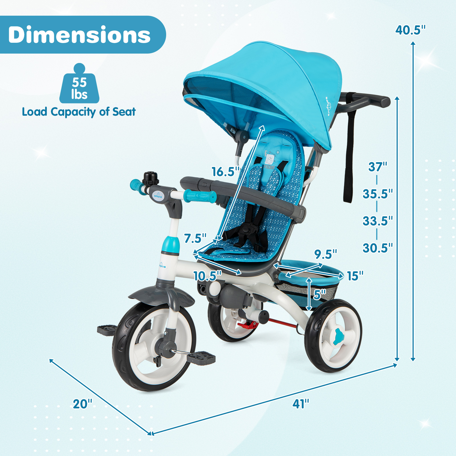 Tricycle poussette amovible 5 en 1 avec auvent rond - bleu – Image 3