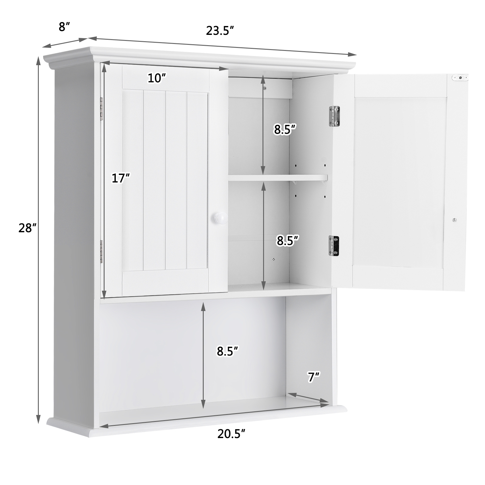 2-Door Wall Mount Bathroom Storage Cabinet With Open Shelf-White thumbnail 5