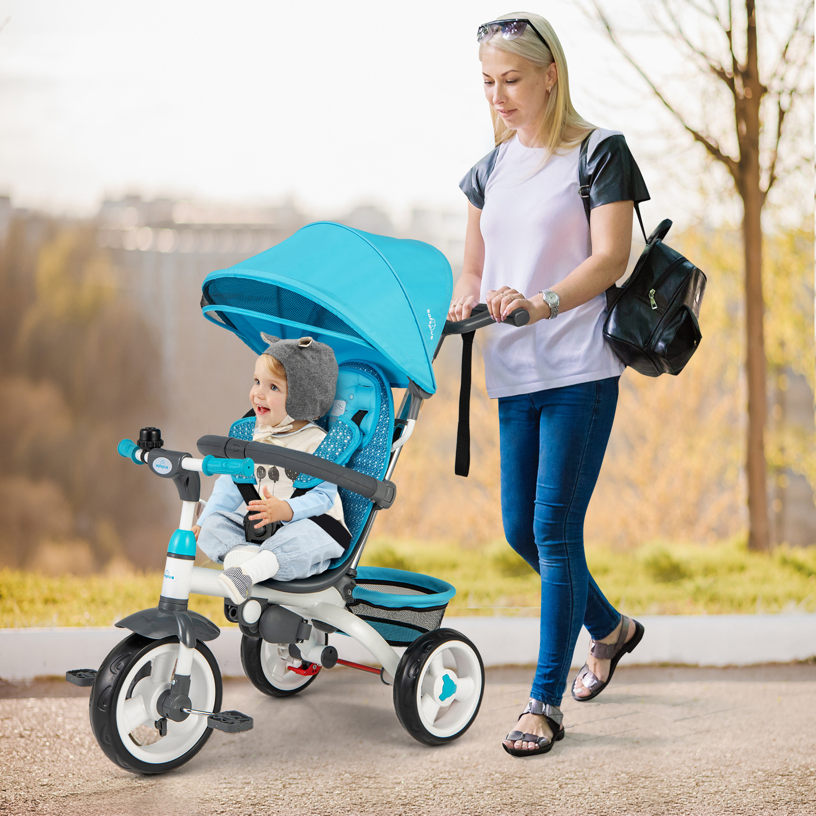 5-in-1 Detachable Baby Stroller Tricycle With Round Canopy-Blue