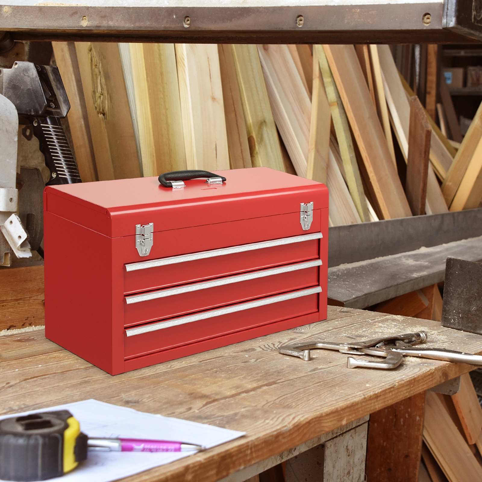 Portable Garage Mechanic Tool Cabinet Box With 3 Drawers-Red