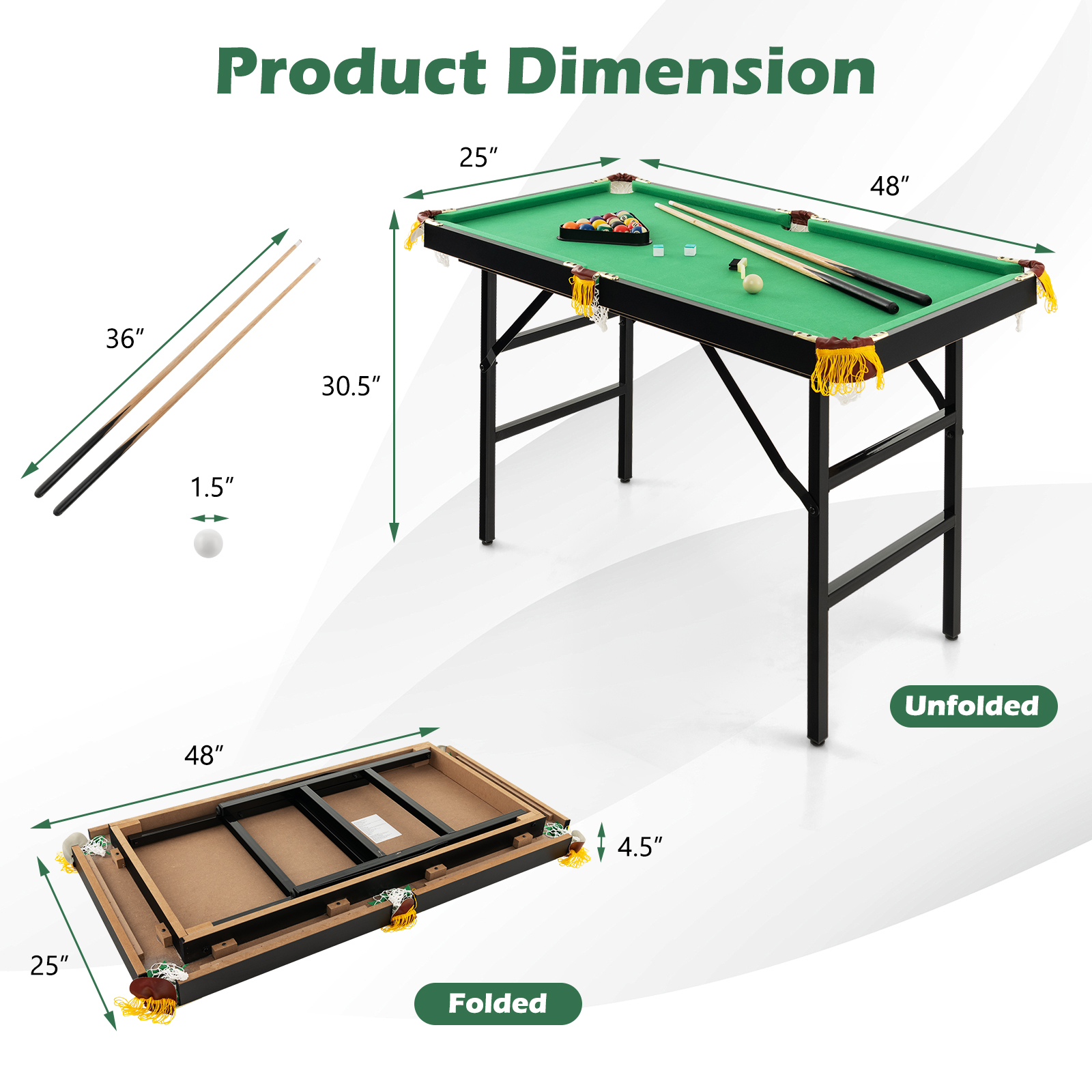47 Inch Folding Billiard Table With Cues And Brush Chalk -Green 3