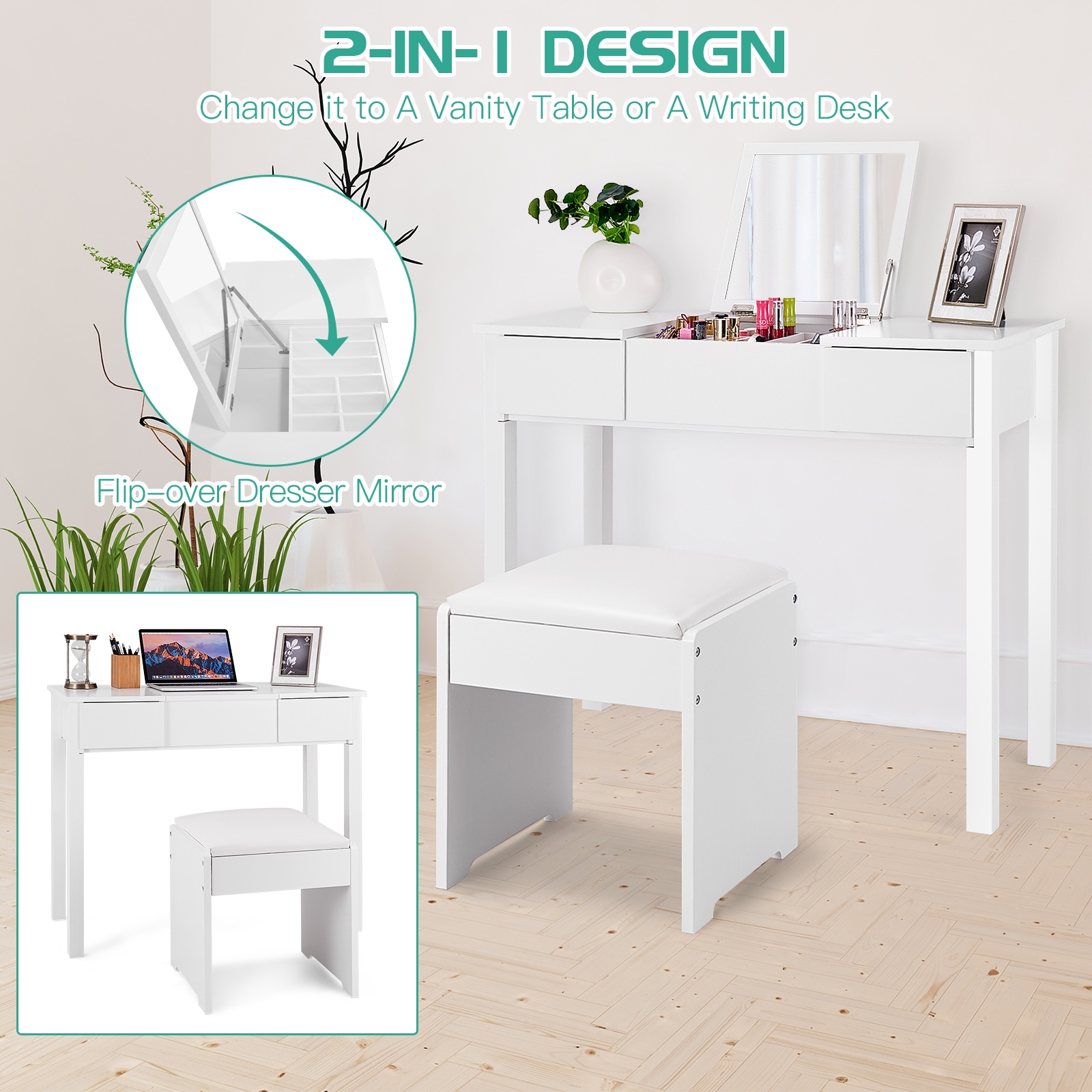 Vanity Makeup Dressing Table Set With Flip Top Mirror And Cushioned Stool-White 4