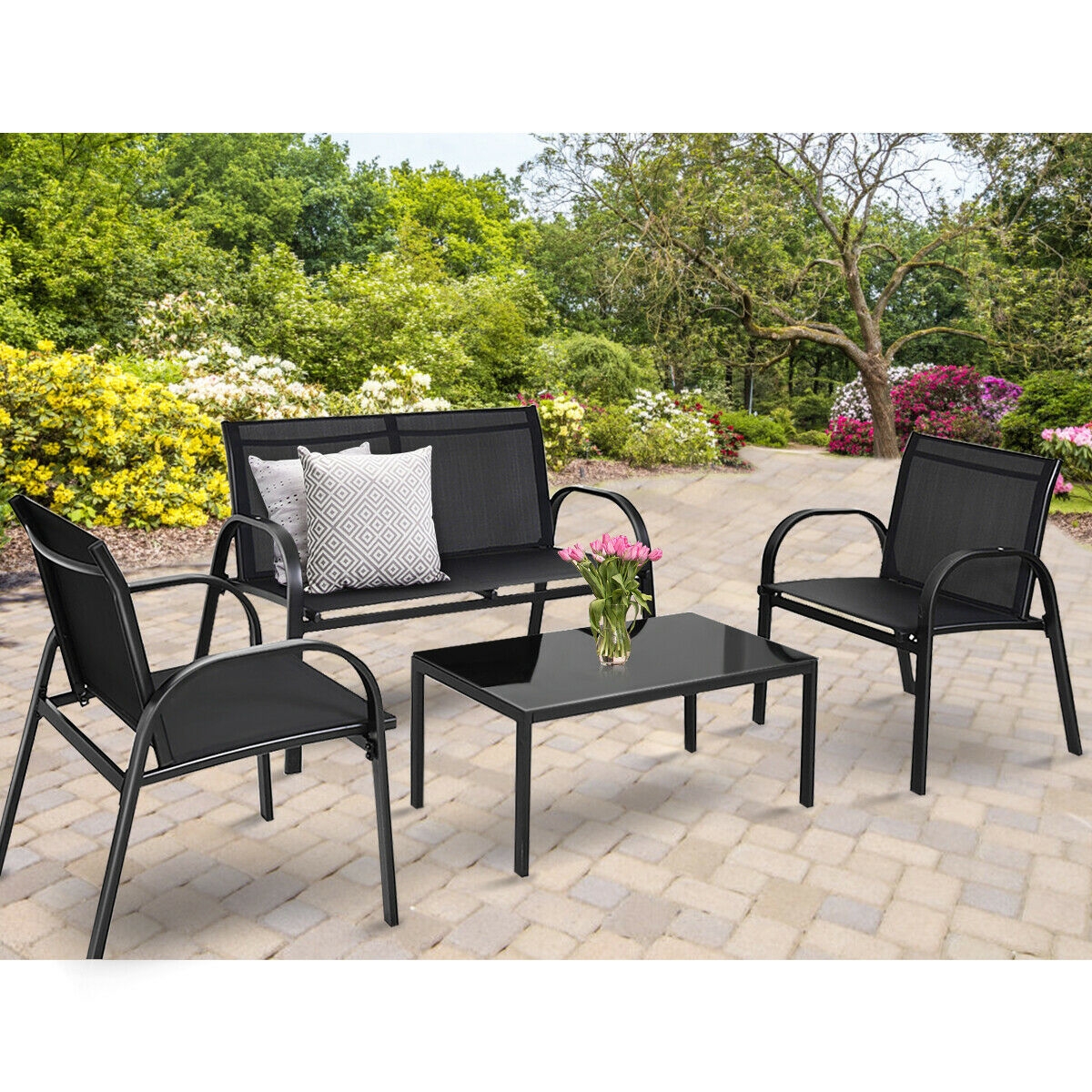 4 Pieces Patio Furniture Set With Glass Top Coffee Table-Black — foto 2