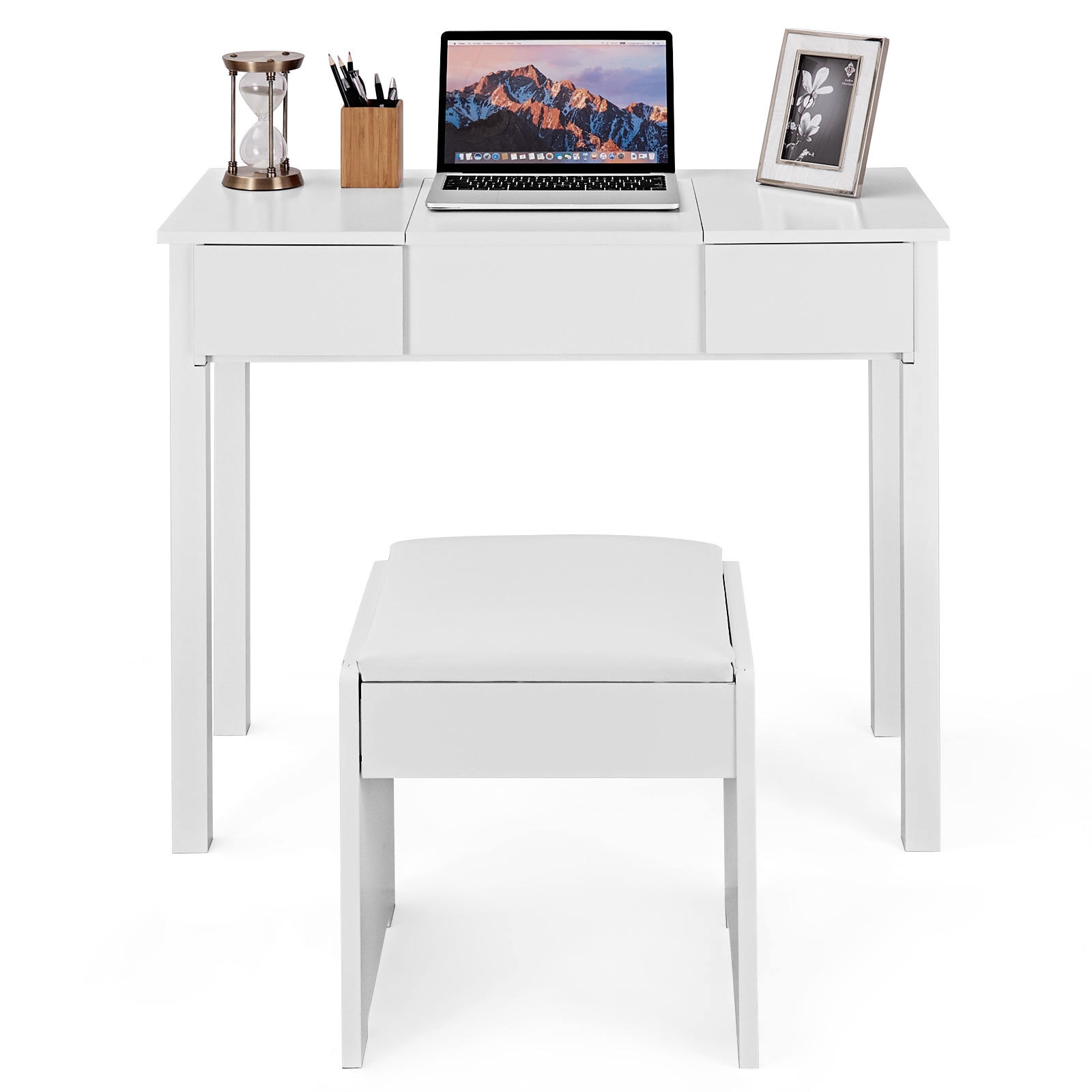 Vanity Makeup Dressing Table Set With Flip Top Mirror And Cushioned Stool-White 5