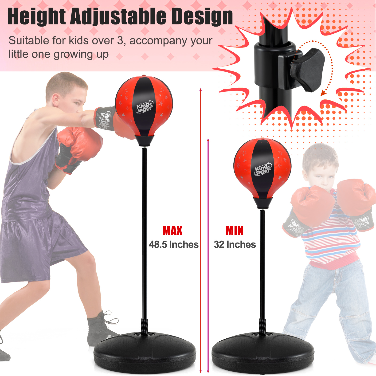Kids Adjustable Stand Punching Bag Toy Set With Boxing Glove-Red
