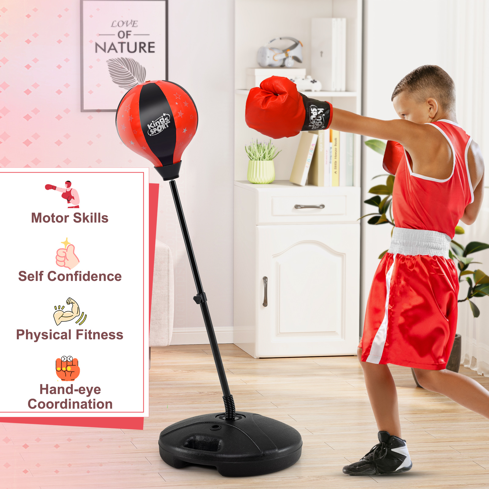 Kids Adjustable Stand Punching Bag Toy Set With Boxing Glove-Red 5