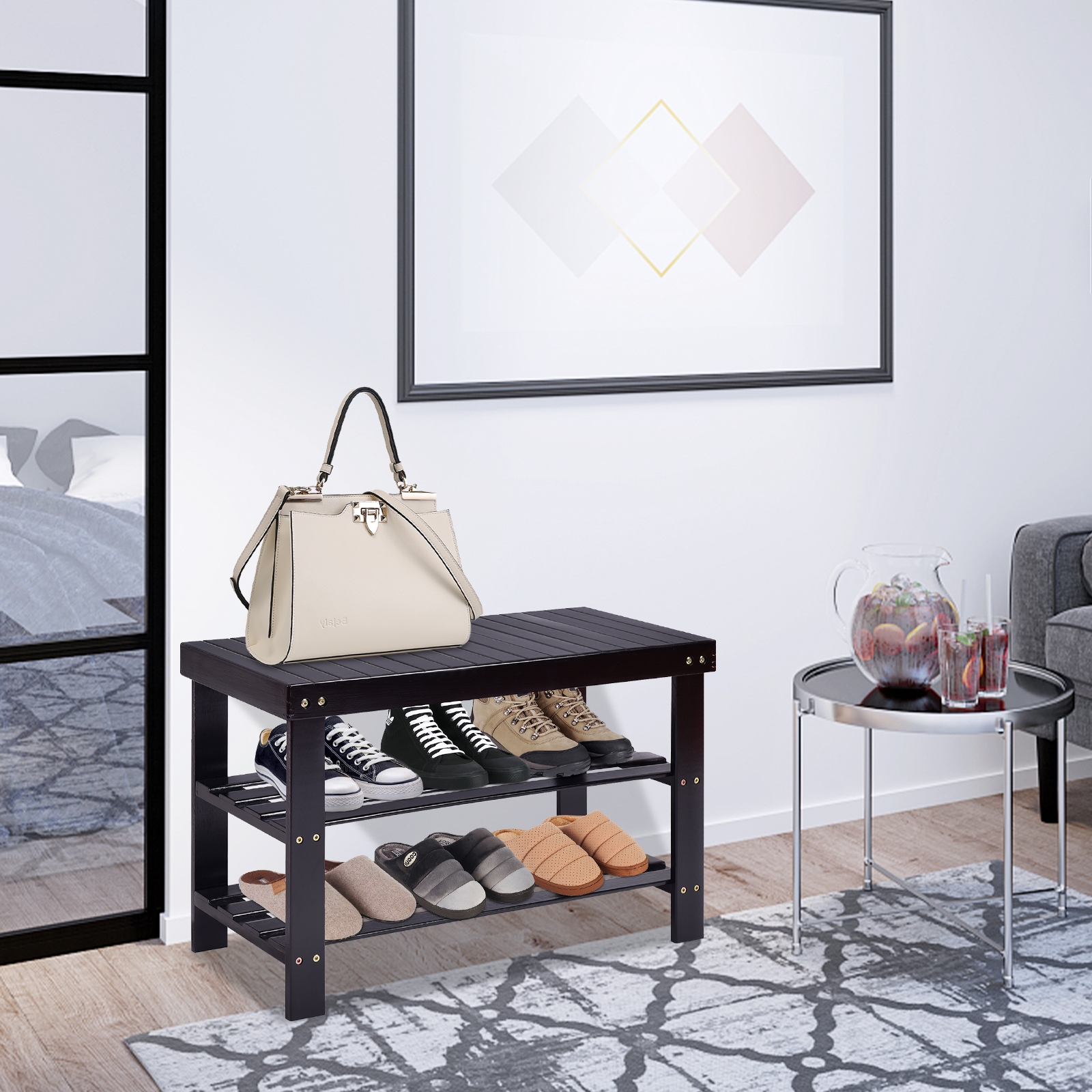 Étagère à chaussures de rangement en bambou à 3 niveaux - Noir