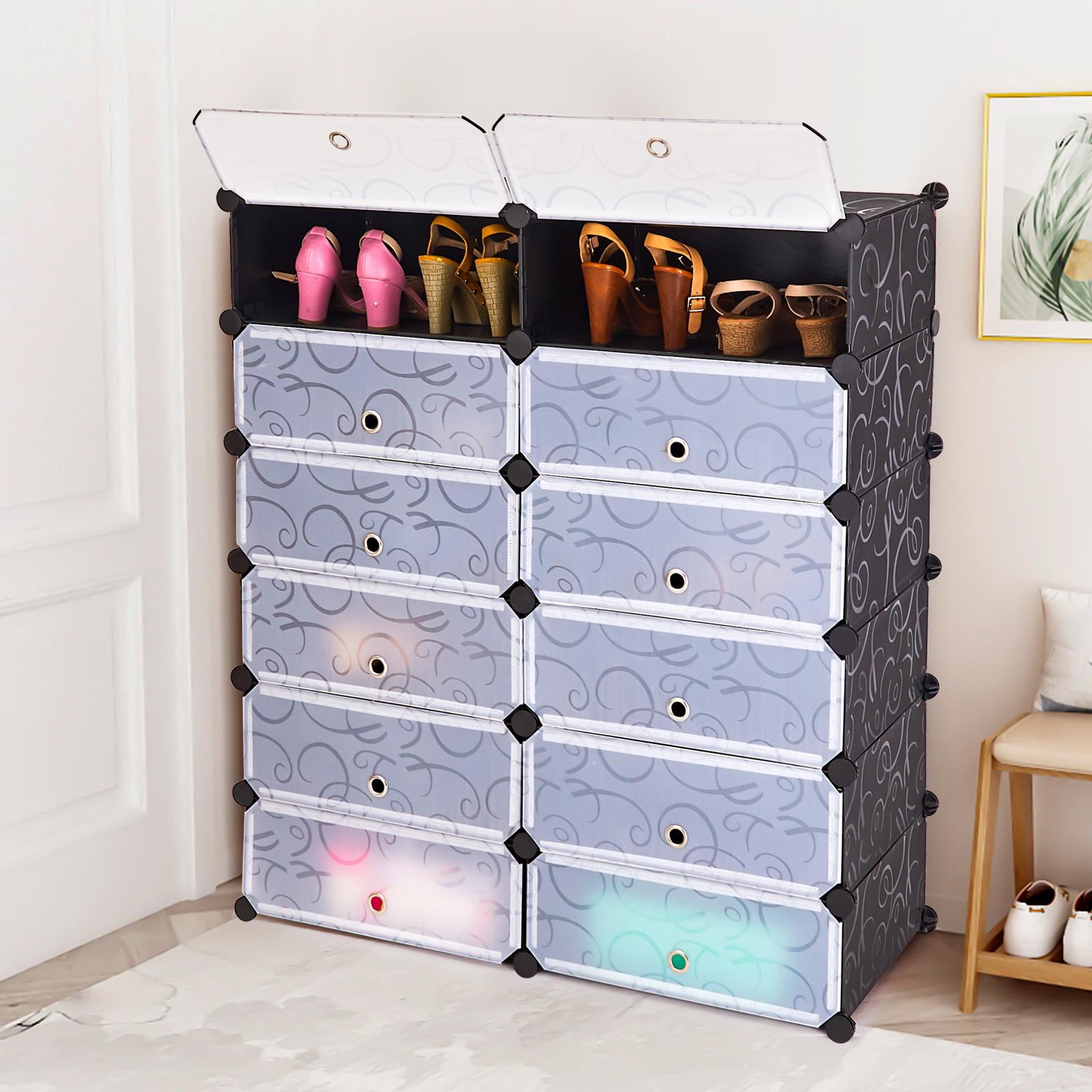 12-Cube DIY Portable Plastic Shoe Rack With Transparent Doors-Black