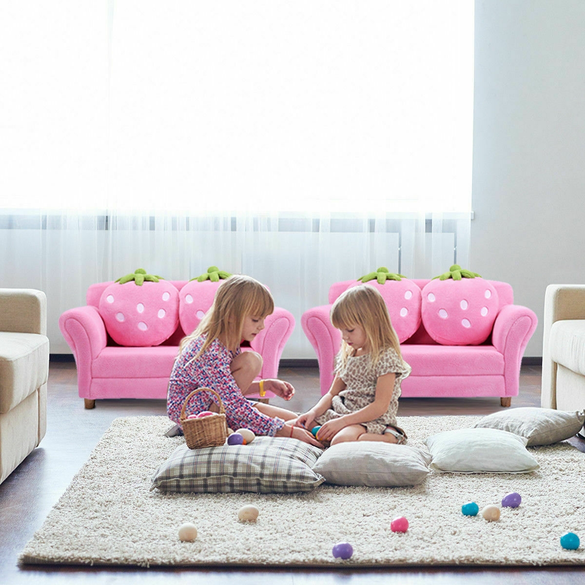 Kids Strawberry Armrest Chair Sofa With 2 Cute Strawberry Pillows-Pink