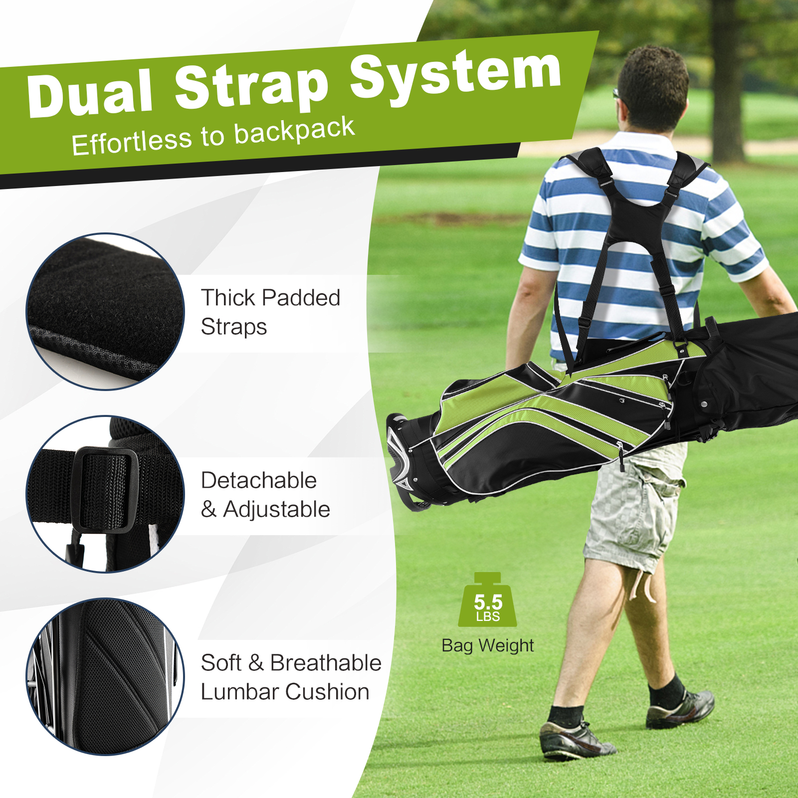 Golf Stand Cart Bag With 6-Way Divider Carry Pockets-Green 2