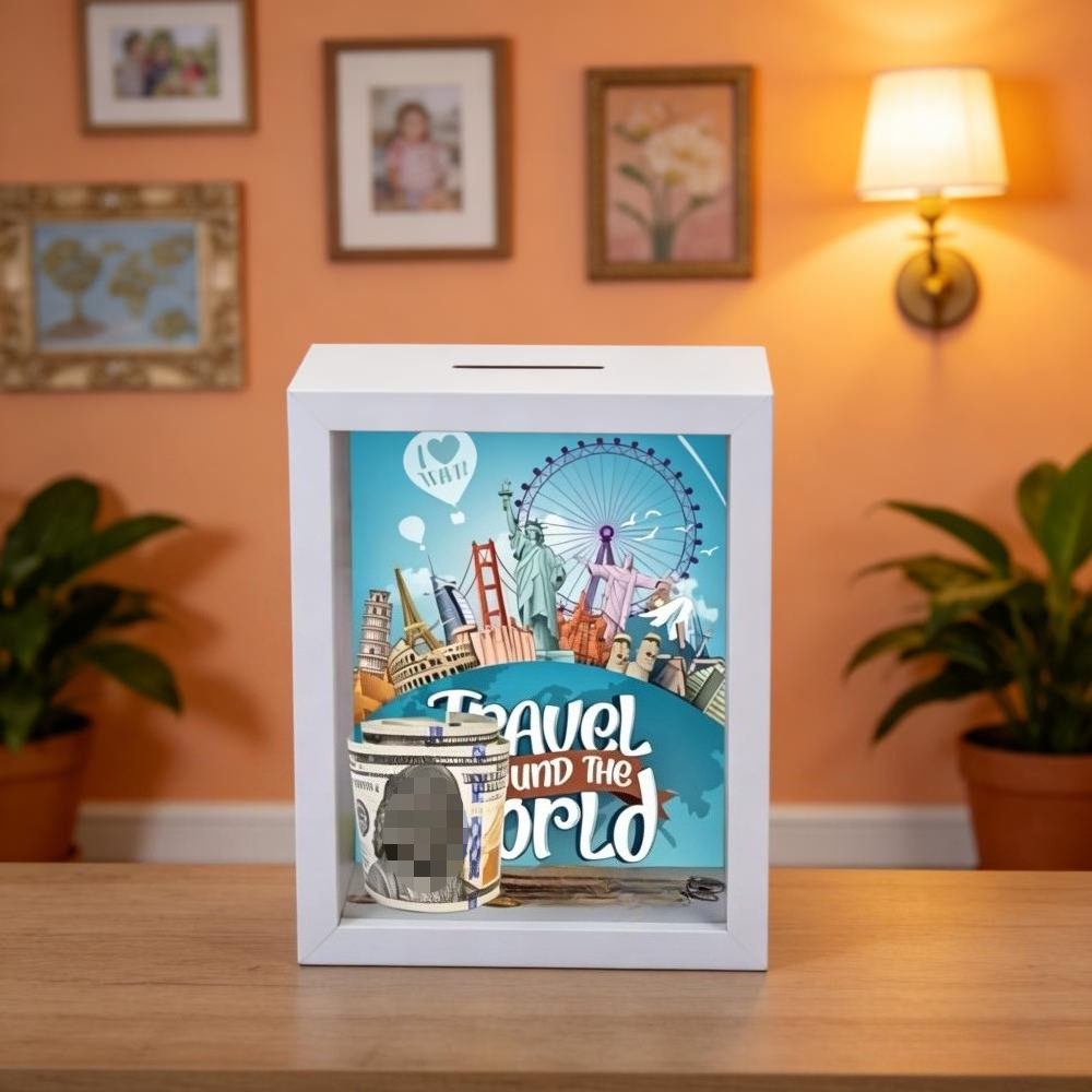 Spardose Urlaub 1 Stück, Weltreise-Spardose Mit Foto-Einschub 18,5x13,5x4,5 Cm, Dekorative Geldgeschenk-Box Für Reisegutscheine, Geschenk Zur Hochzeit Und Jahrestag-Event- Und Partyartikel
