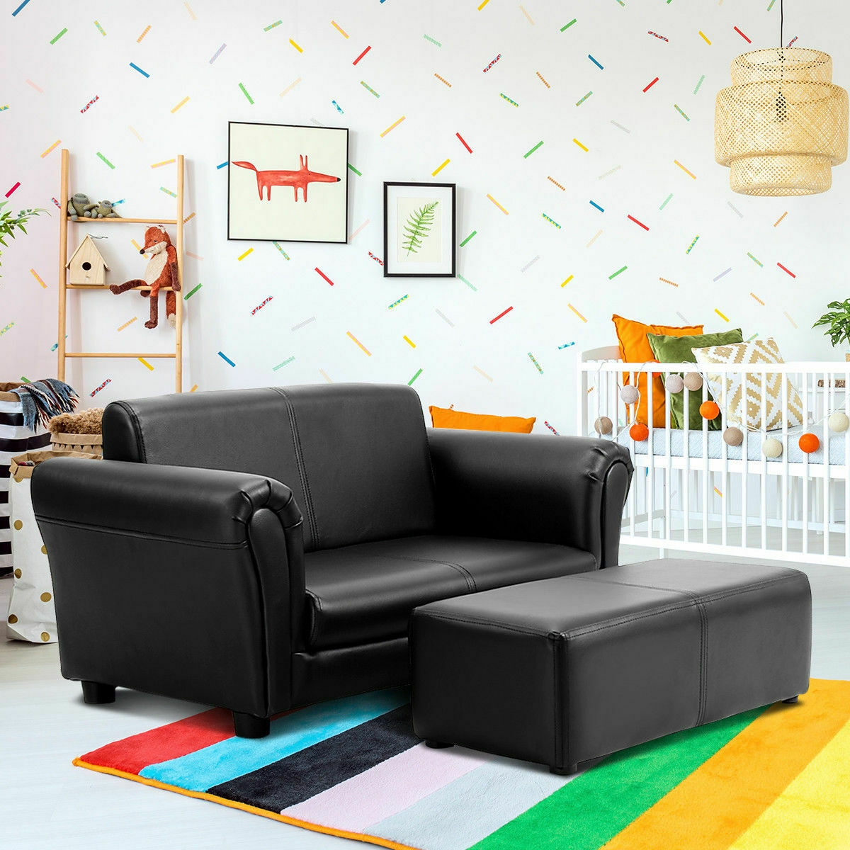 Black/White Kids Double Sofa With Ottoman-Black