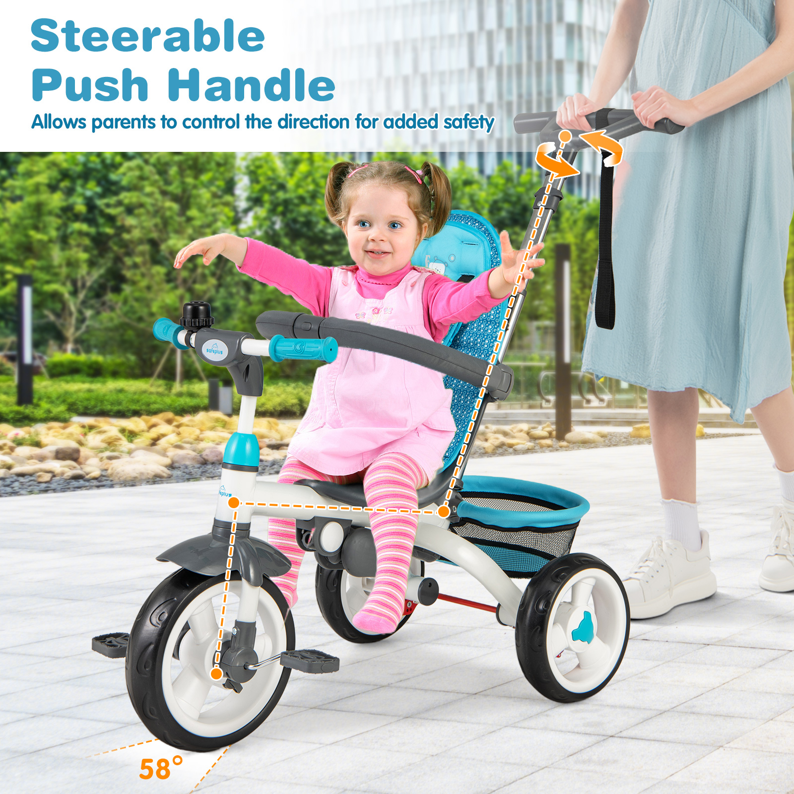 Tricycle poussette amovible 5 en 1 avec auvent rond - bleu – Image 4