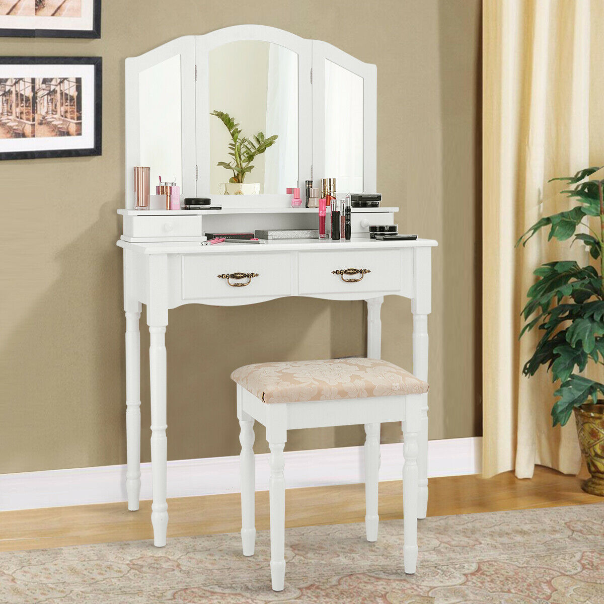 Simple Vanity Set With Tri-Folding Mirror Drawers And Storage Shelf-White