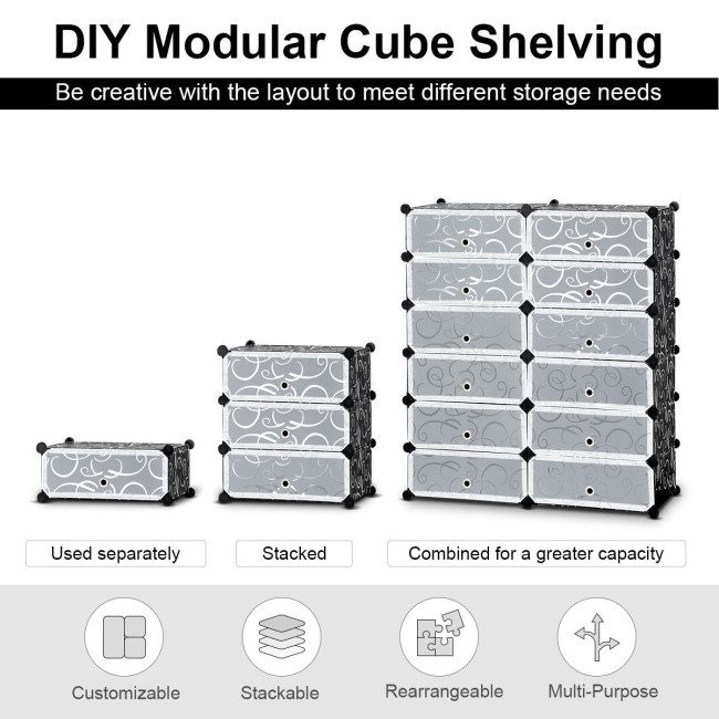 12-Cube DIY Portable Plastic Shoe Rack With Transparent Doors-Black thumbnail 3