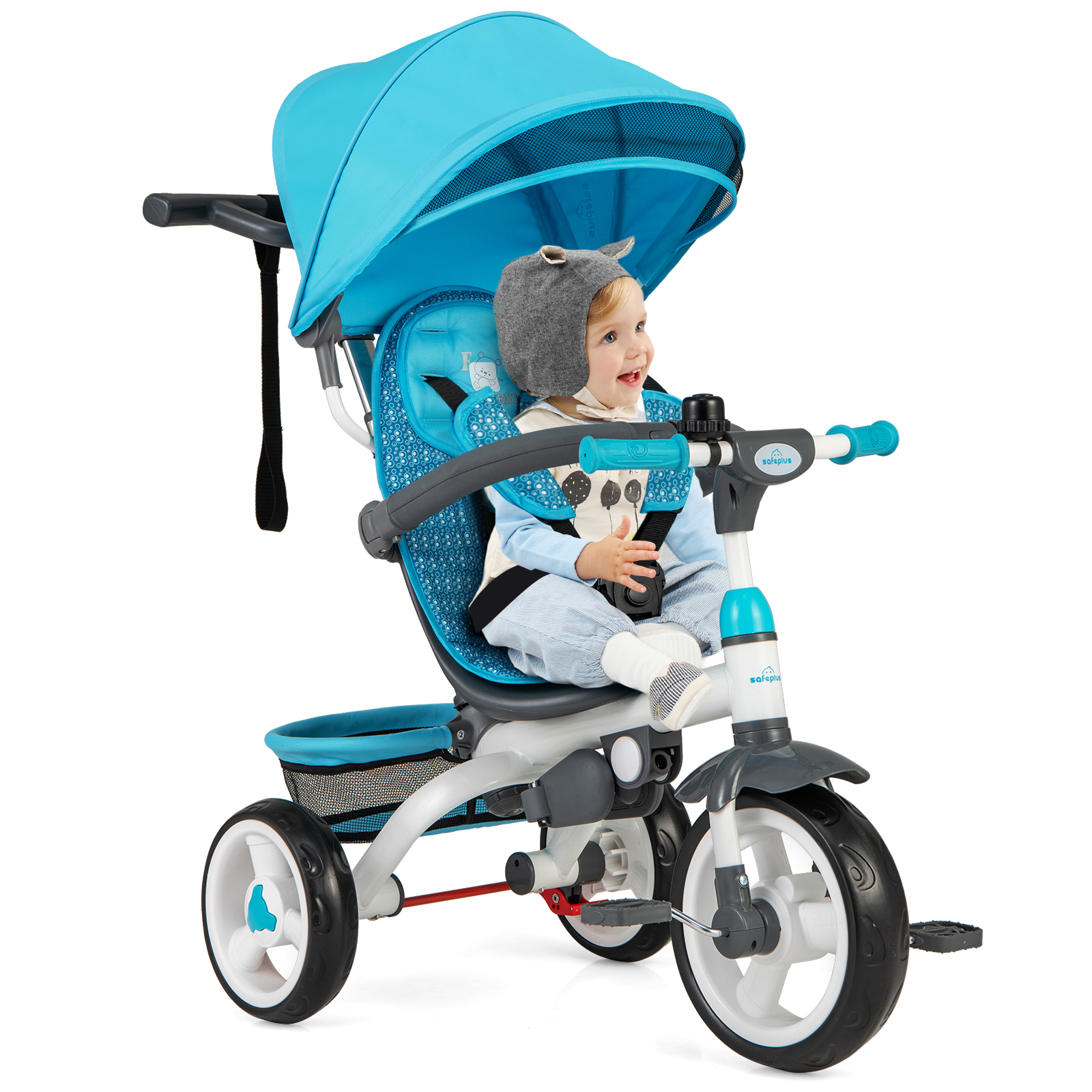 Tricycle poussette amovible 5 en 1 avec auvent rond - bleu – Image 5
